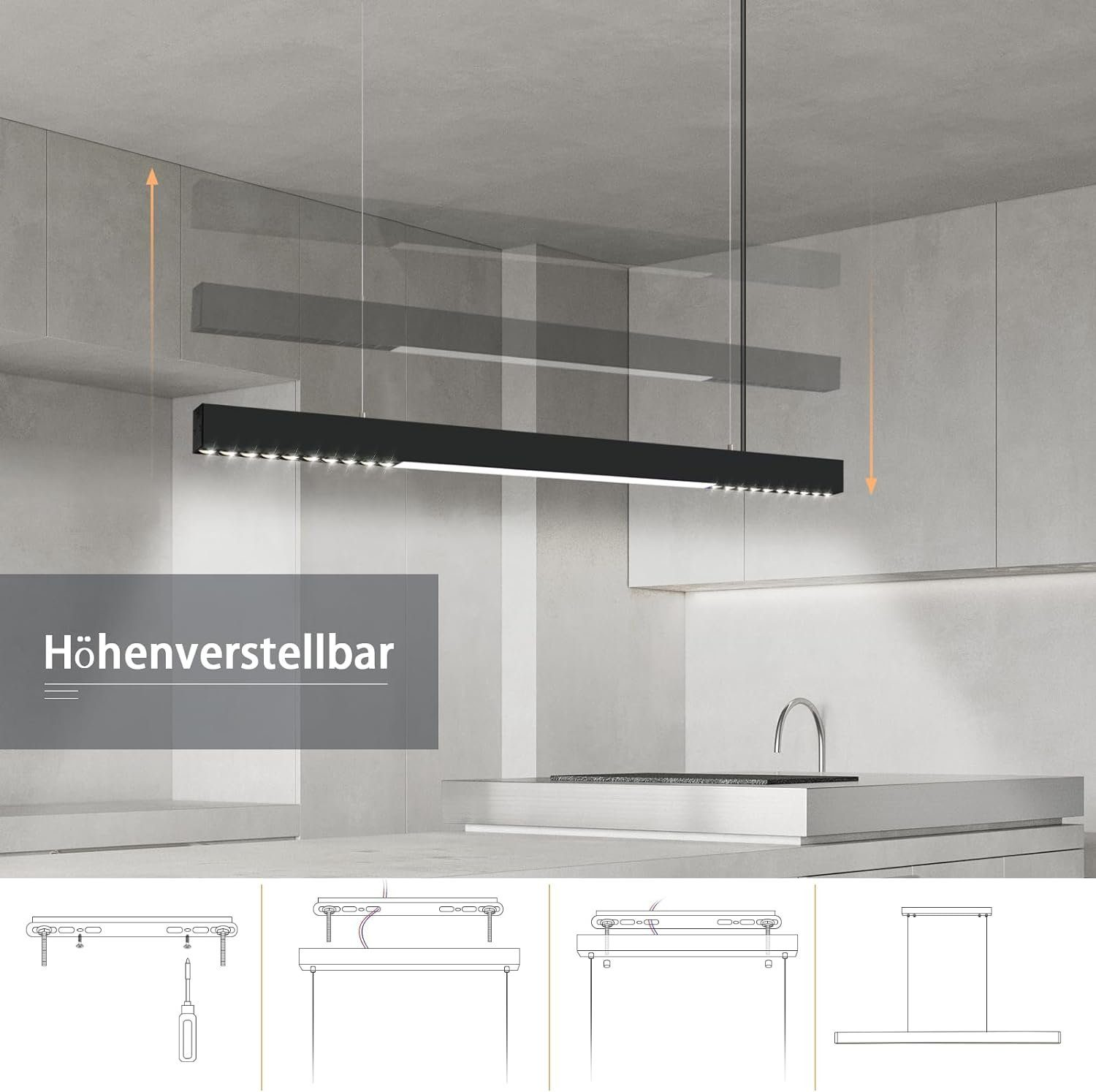 Schwarze lineare LED-Leuchte, höhenverstellbar. Küchenumgebung, weißer Hintergrund.