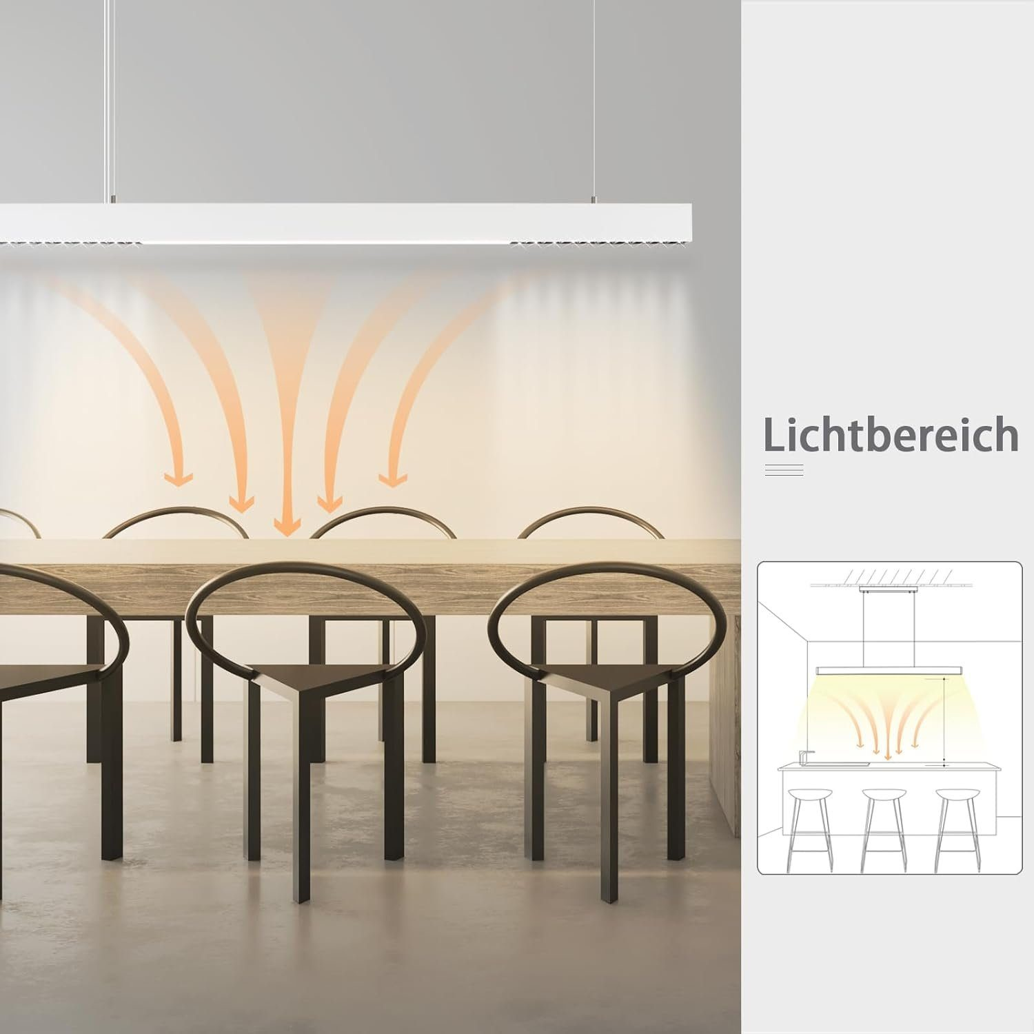 Ein Esszimmer mit einem langen Tisch, schwarzen Stühlen und einer langen Deckenleuchte.