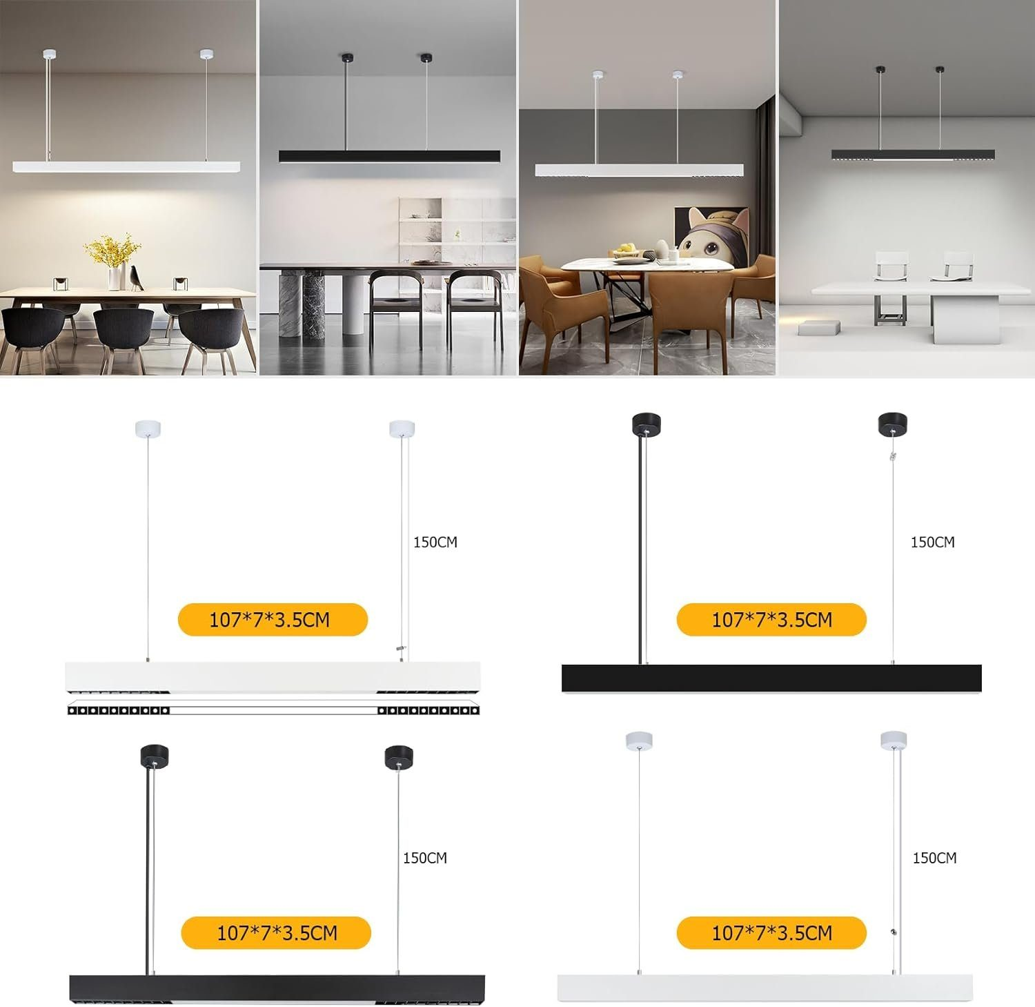 Quattro immagini di luci a LED rettangolari lunghe, mostrate in varie ambientazioni, versioni bianche e nere.