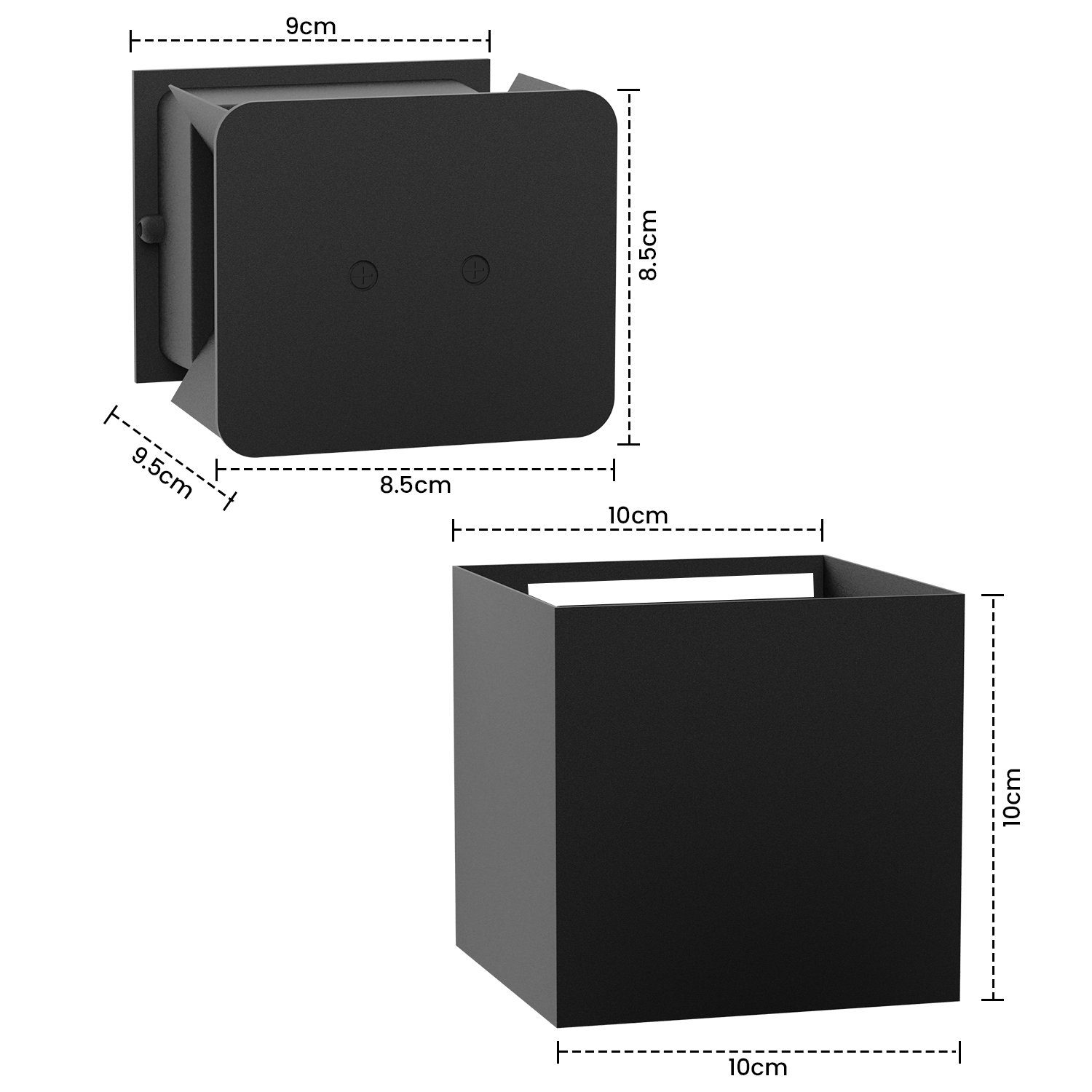 Dwa czarne pudełka w kształcie kostki. Jedno z otworem, wymiary w cm.