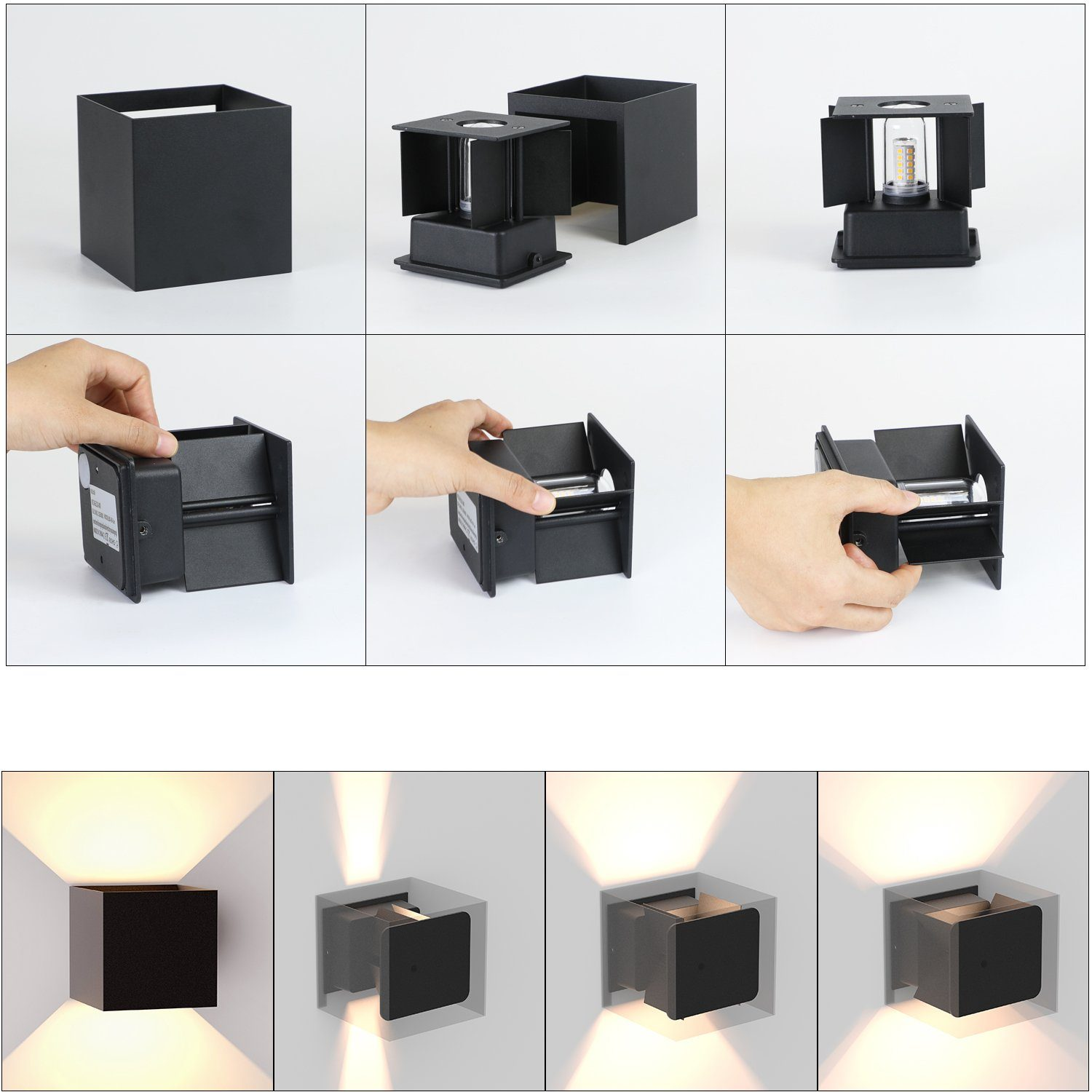 Apparecchio di illuminazione quadrato nero in fase di montaggio. Mani coinvolte. Vengono mostrate varie fasi di montaggio.