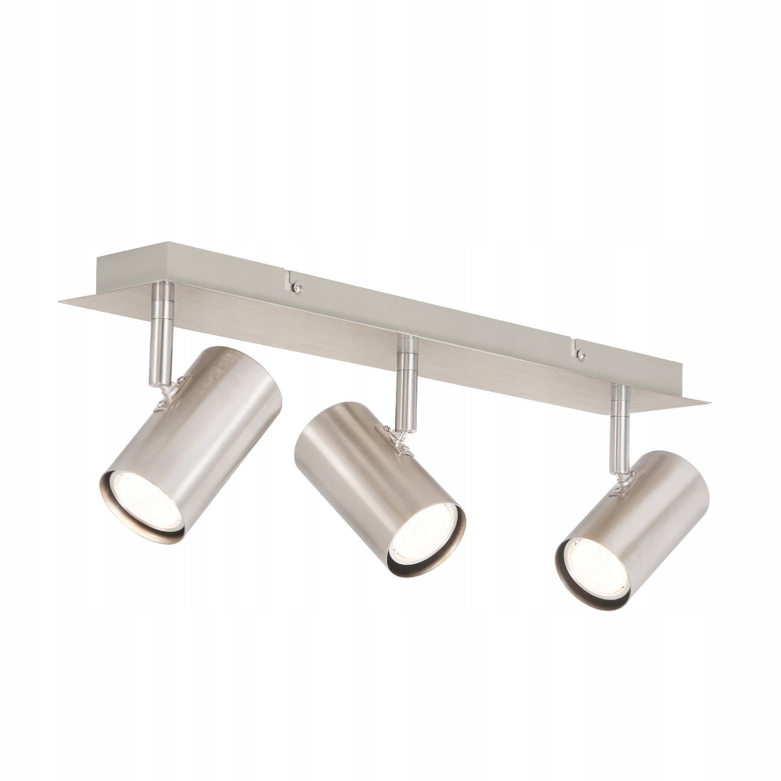 Trzy srebrne reflektory zamontowane na srebrnej listwie, na białym tle.