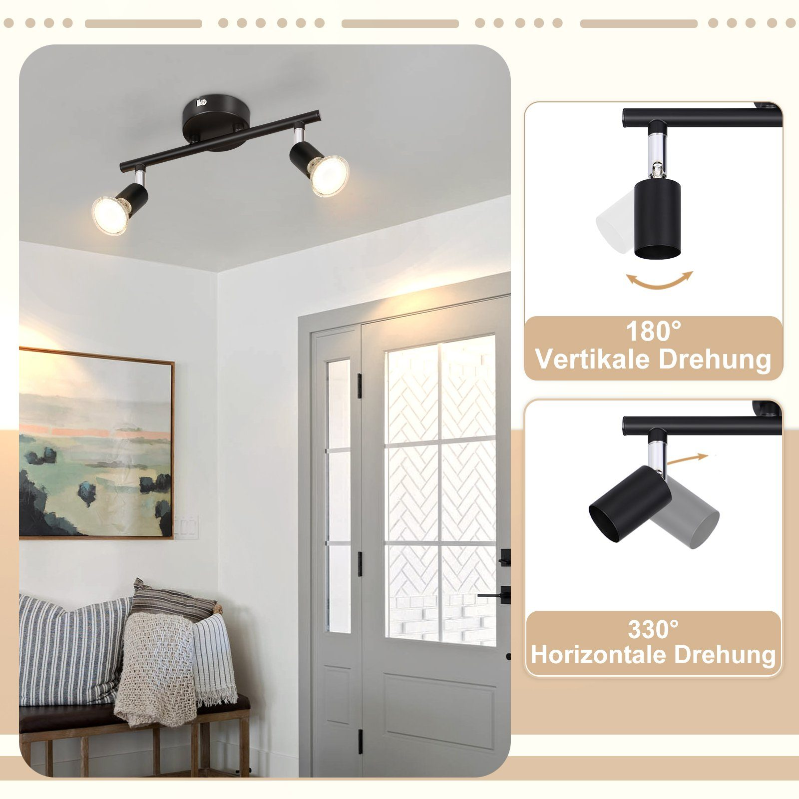 Oprawa oświetleniowa sufitowa z dwoma regulowanymi światłami. Obrazy pokazują regulacje 180 i 330 stopni.