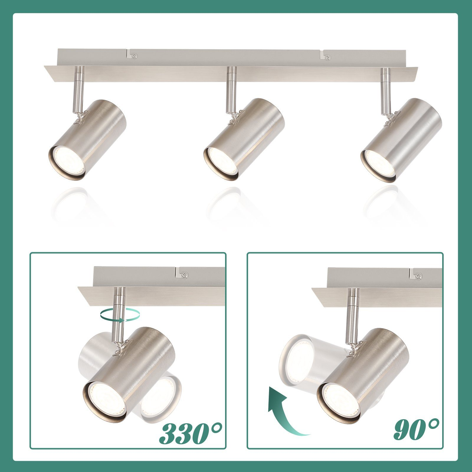 Trzy regulowane srebrne reflektory na listwie. Pokazuje obrót o 330 i 90 stopni.