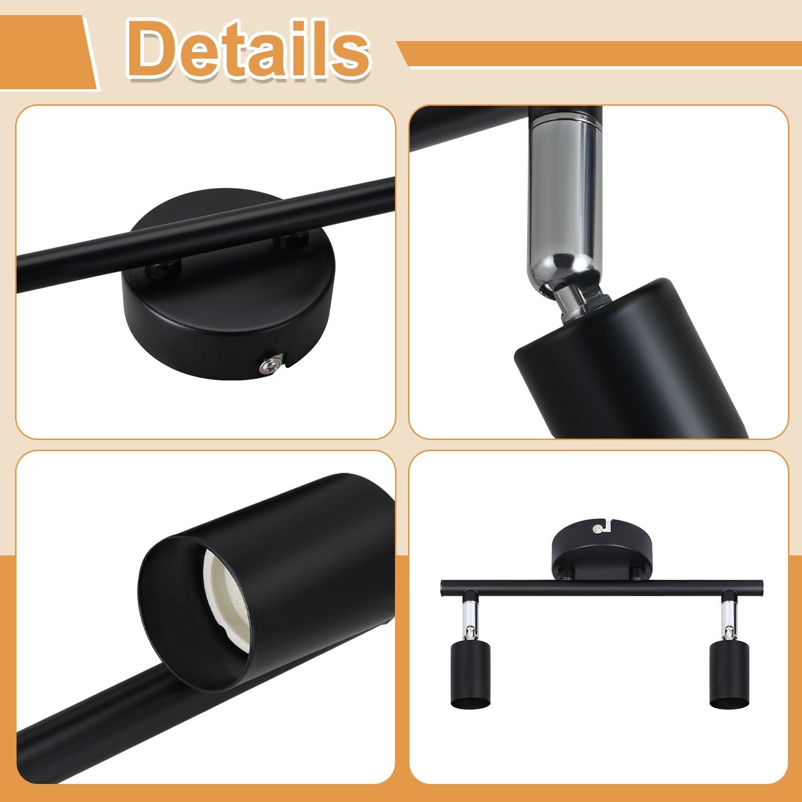 Zbliżenia szczegółów czarnej oprawy oświetleniowej szynowej. Pokazuje elementy oprawy: głowice, podstawę i połączenia.