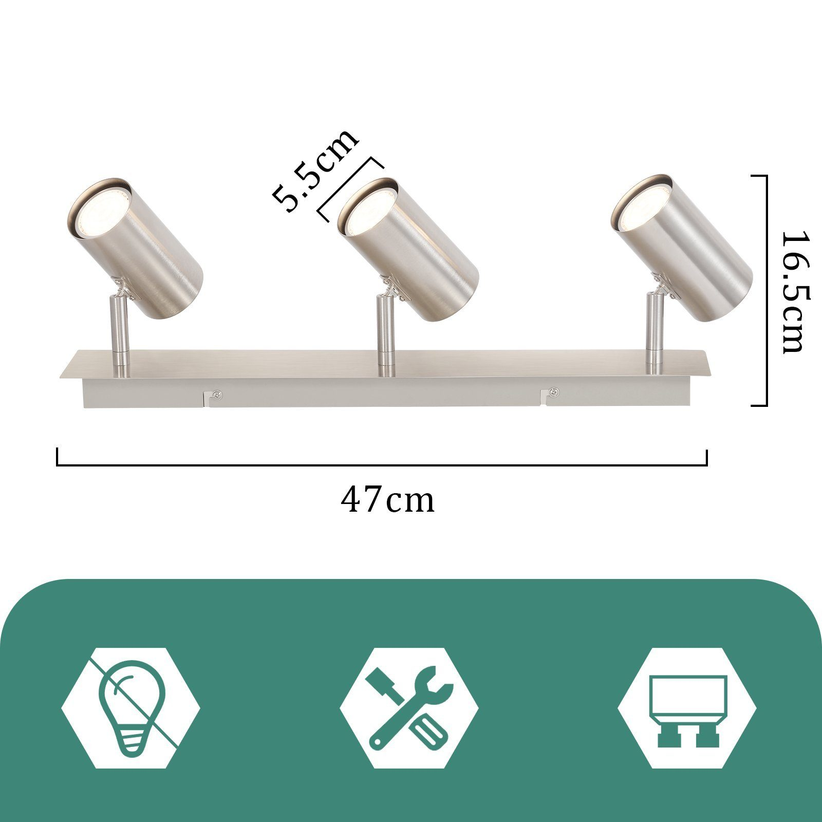 Srebrny pasek reflektora z trzema regulowanymi światłami. Wymiary wyświetlane są na zielonym tle.