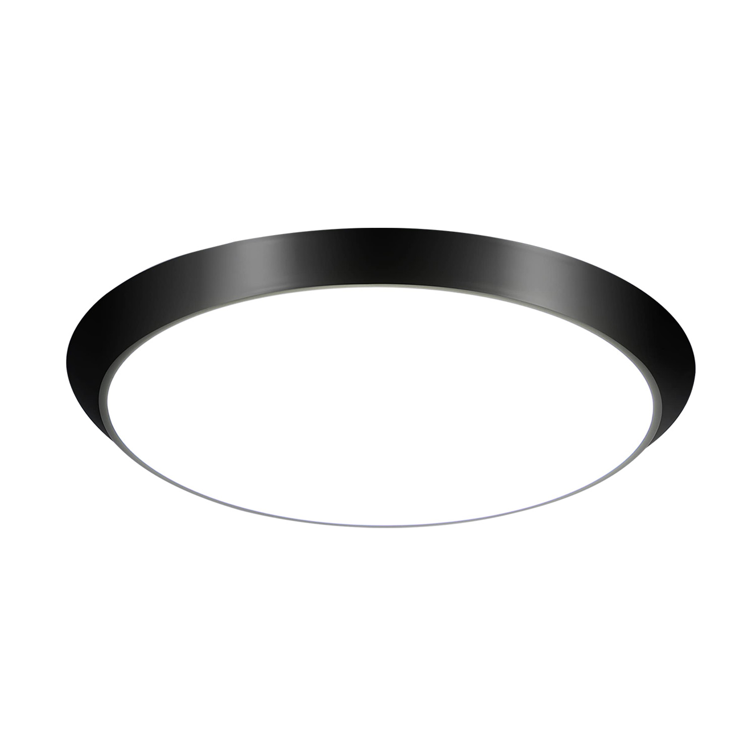 Lampada da soffitto circolare nera con cerchio interno bianco.