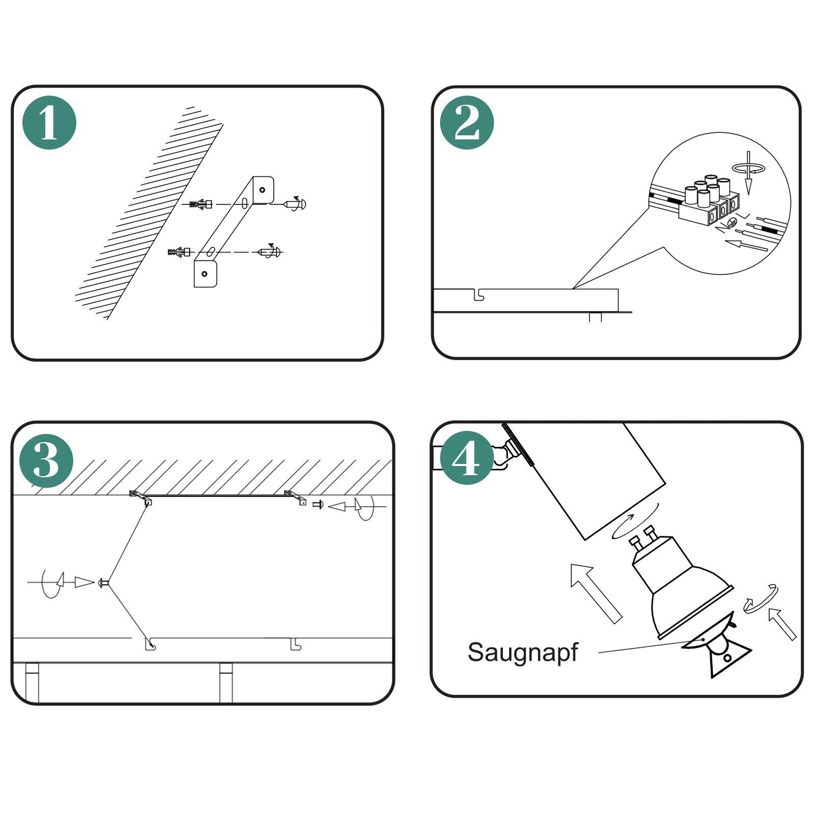 Czteropanelowy obraz instruktażowy szczegółowo opisujący instalację obiektu, w tym połączenia śrubowe i okablowanie.