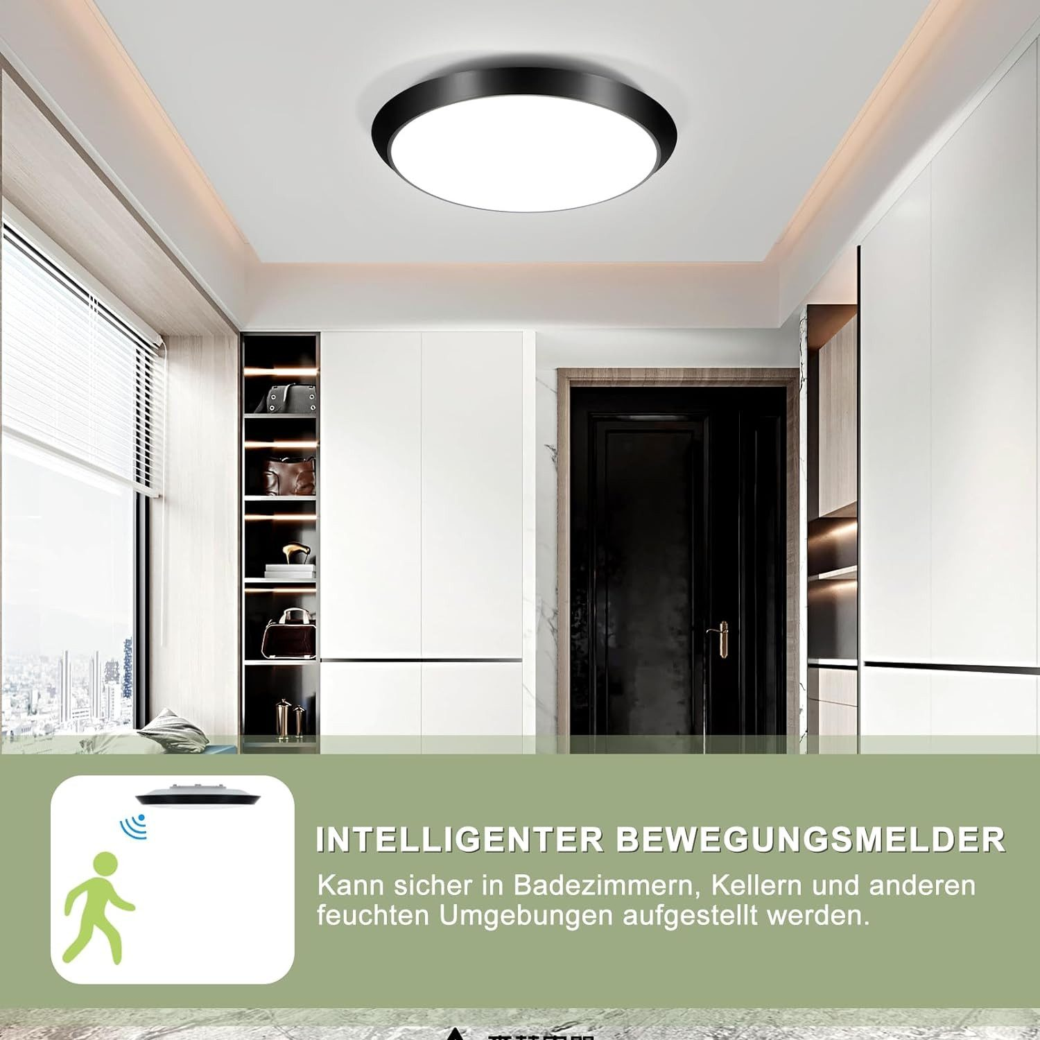 Una luce a soffitto rotonda nera illumina un corridoio dalle pareti bianche. Il testo recita "Sensore di movimento intelligente". Viene mostrata una figura verde.