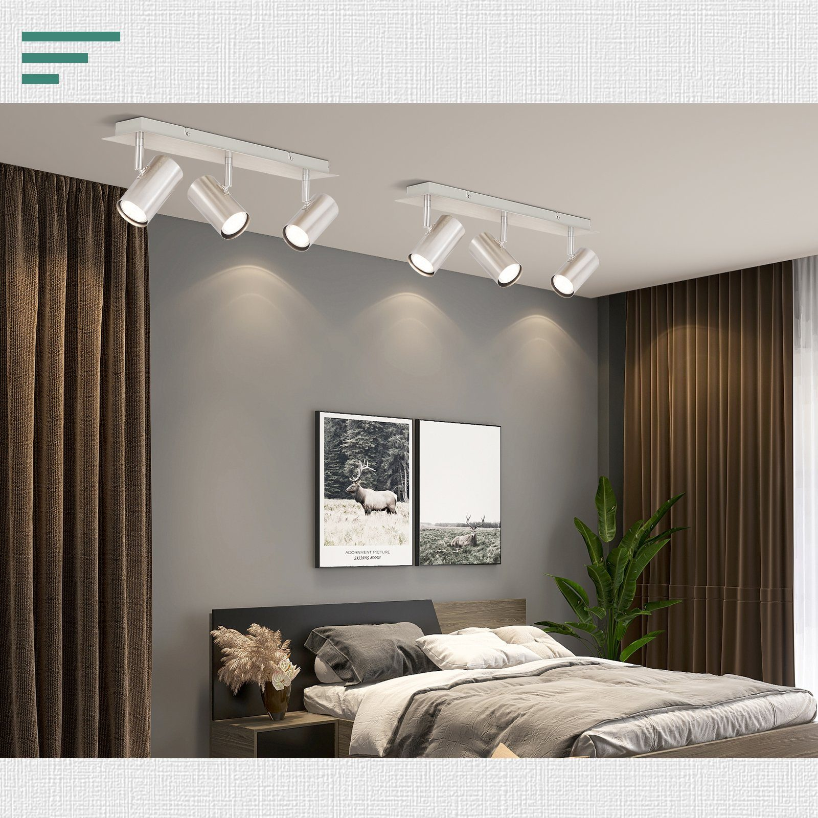 Sypialnia z łóżkiem i dwoma zestawami reflektorów. Brązowe zasłony, dwa dzieła sztuki na ścianie.