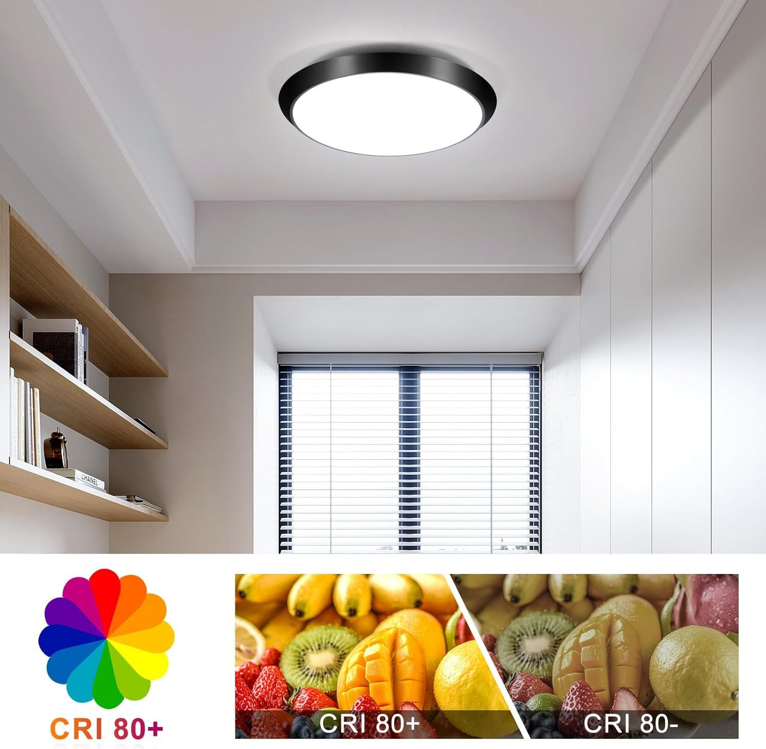 Una luce da soffitto bianca in una stanza. Una ruota dei colori e immagini di frutta mostrano il colore della luce e i valori CRI.