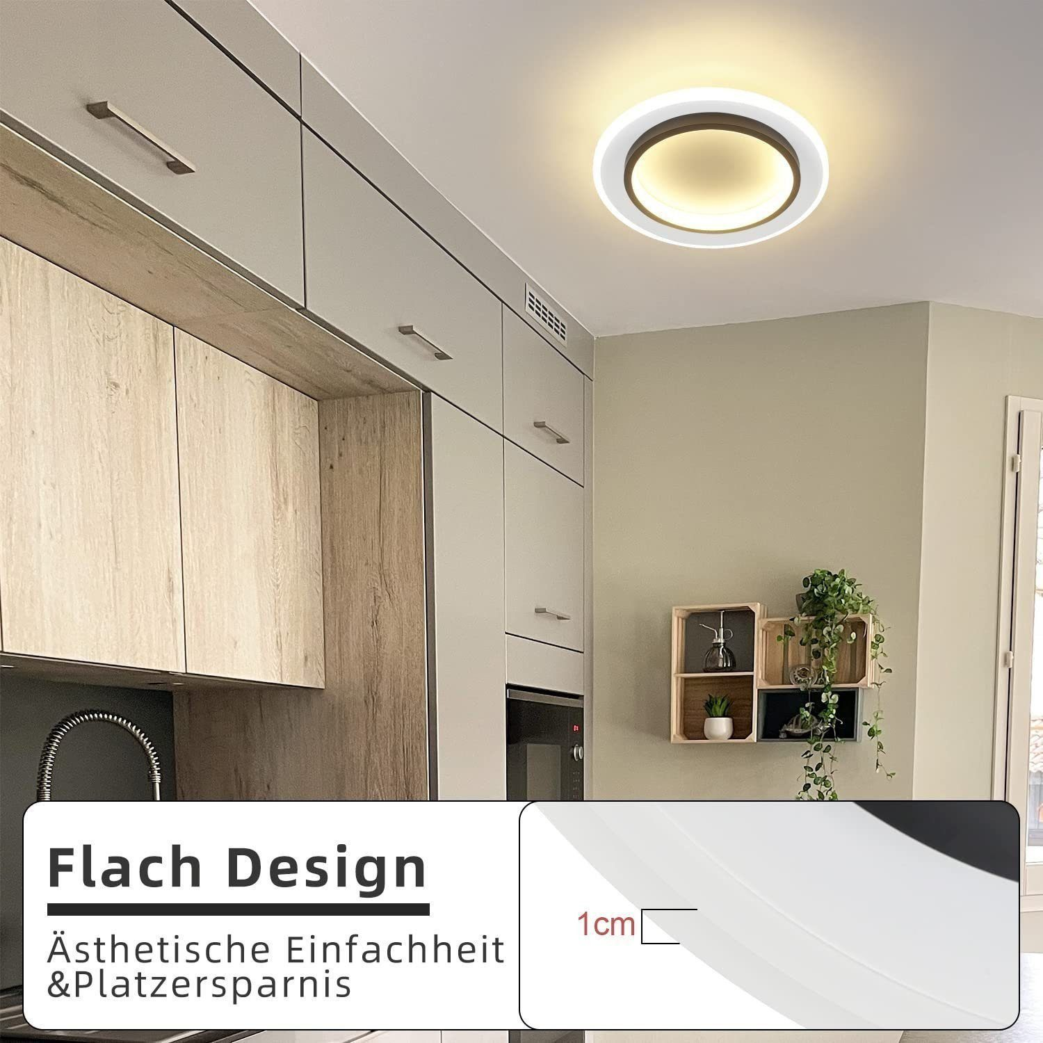 Biała lampa sufitowa z czarnym pierścieniem i szczegółowym widokiem płaskiej konstrukcji.