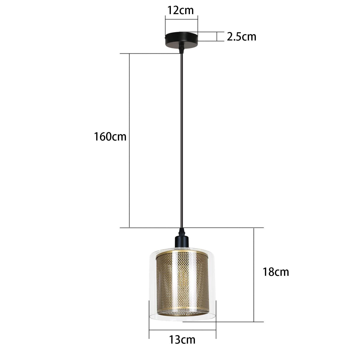 Lampa wisząca ze złotą siatką i przezroczystym szkłem. Wymiary lampy są pokazane na obrazku.