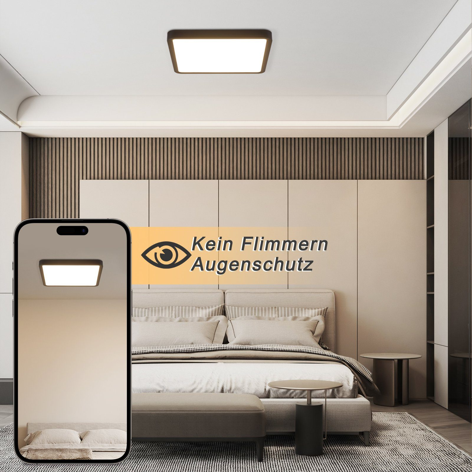 Sypialnia z kwadratową lampą sufitową. Telefon wyświetla odbicie światła, z tekstem o ochronie oczu.