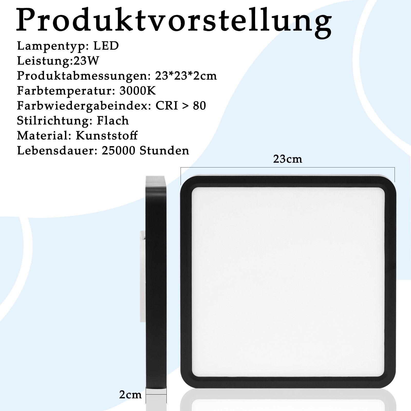 Kwadratowy produkt z panelem LED z wymiarami i specyfikacjami zapisanymi w języku niemieckim. Jest to prezentacja produktu.