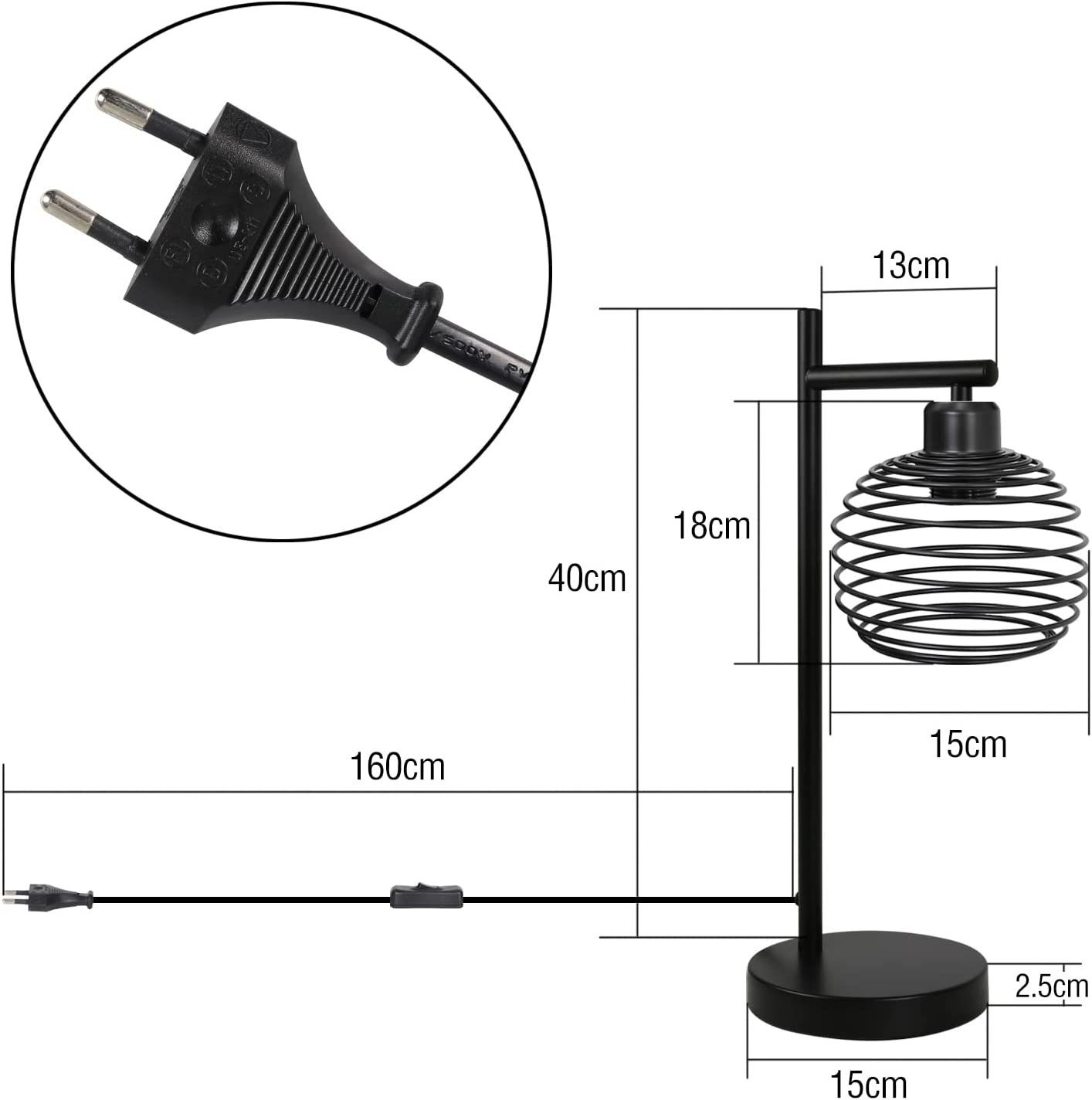 Czarna lampa z kloszem w formie drucianej klatki, pokazująca wymiary i wtyczkę.