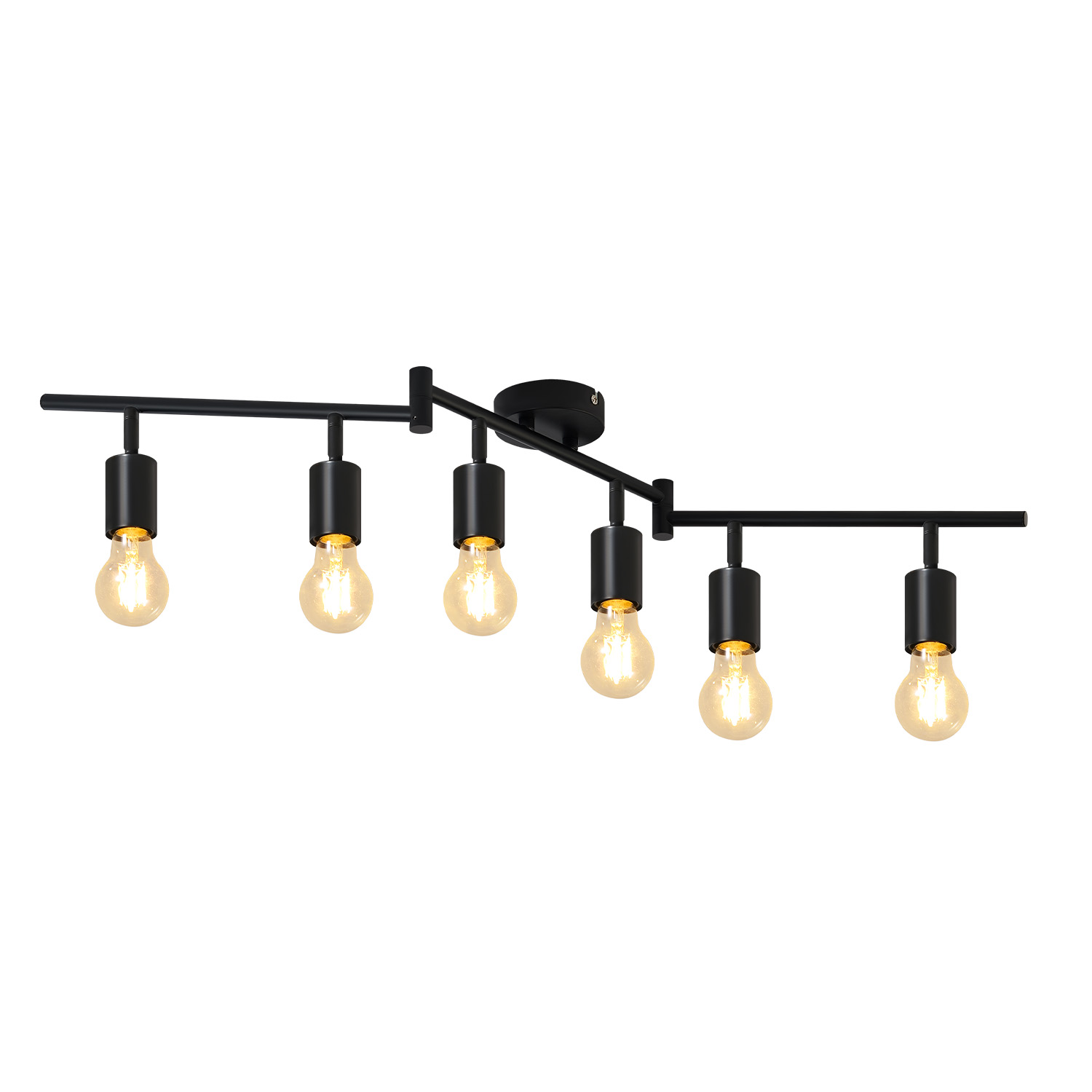 Plafoniera nera con sei lampadine. Ogni lampadina ha una copertura nera.