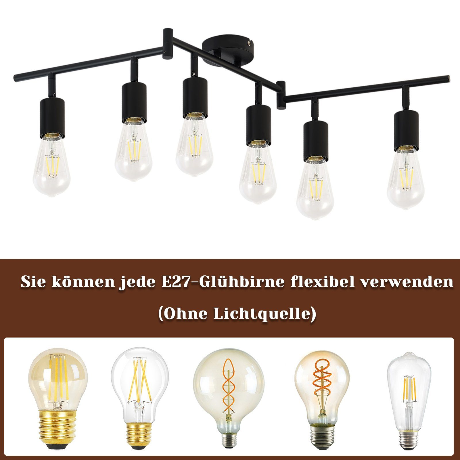 Lampa sufitowa z sześcioma żarówkami w stylu Edisona, zamontowana na czarnym torze na białym tle.