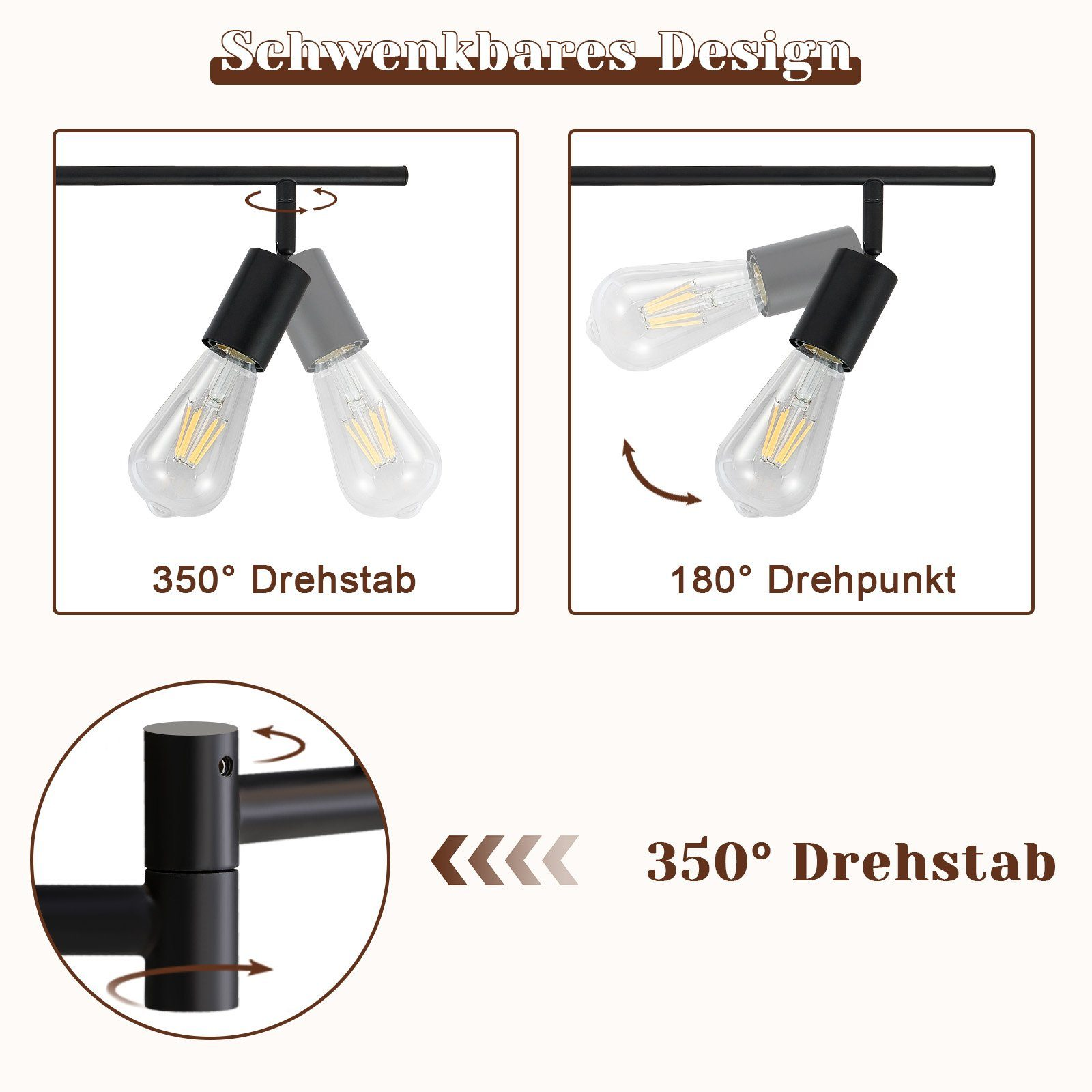 Schemat oprawy oświetleniowej z obracającymi się żarówkami. Pokazuje obrót o 350 i 180 stopni.