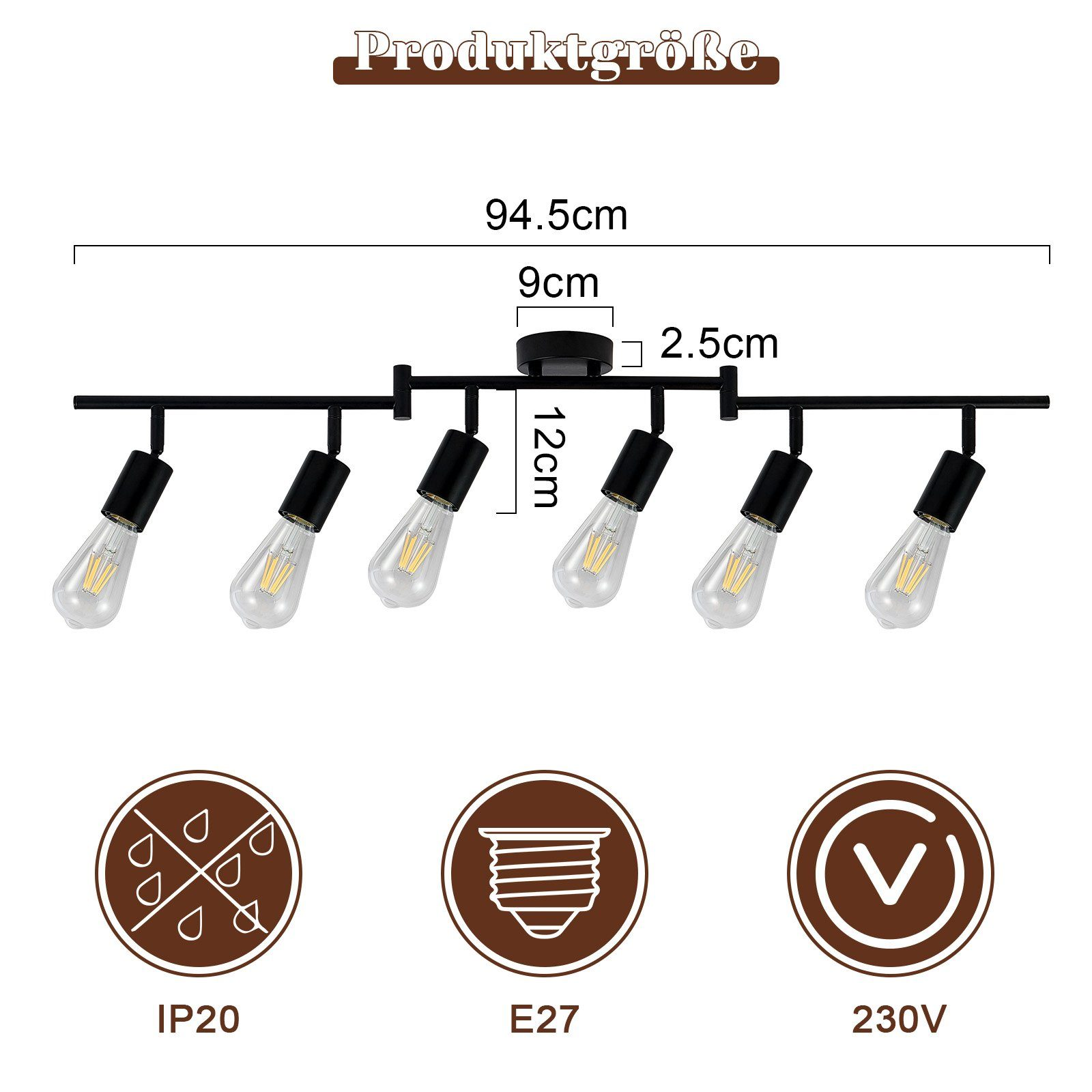 Czarna lampa szynowa z sześcioma żarówkami, wymiary pokazane. Posiada żarówki E27, klasę IP20 i 230V.