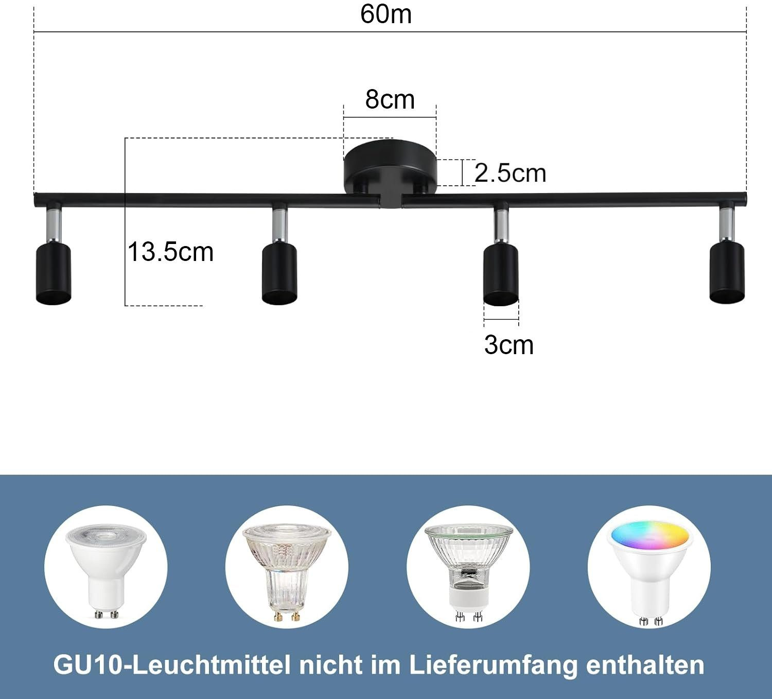 Czarny reflektor szynowy z czterema regulowanymi reflektorami, wymiary, cztery żarówki poniżej.