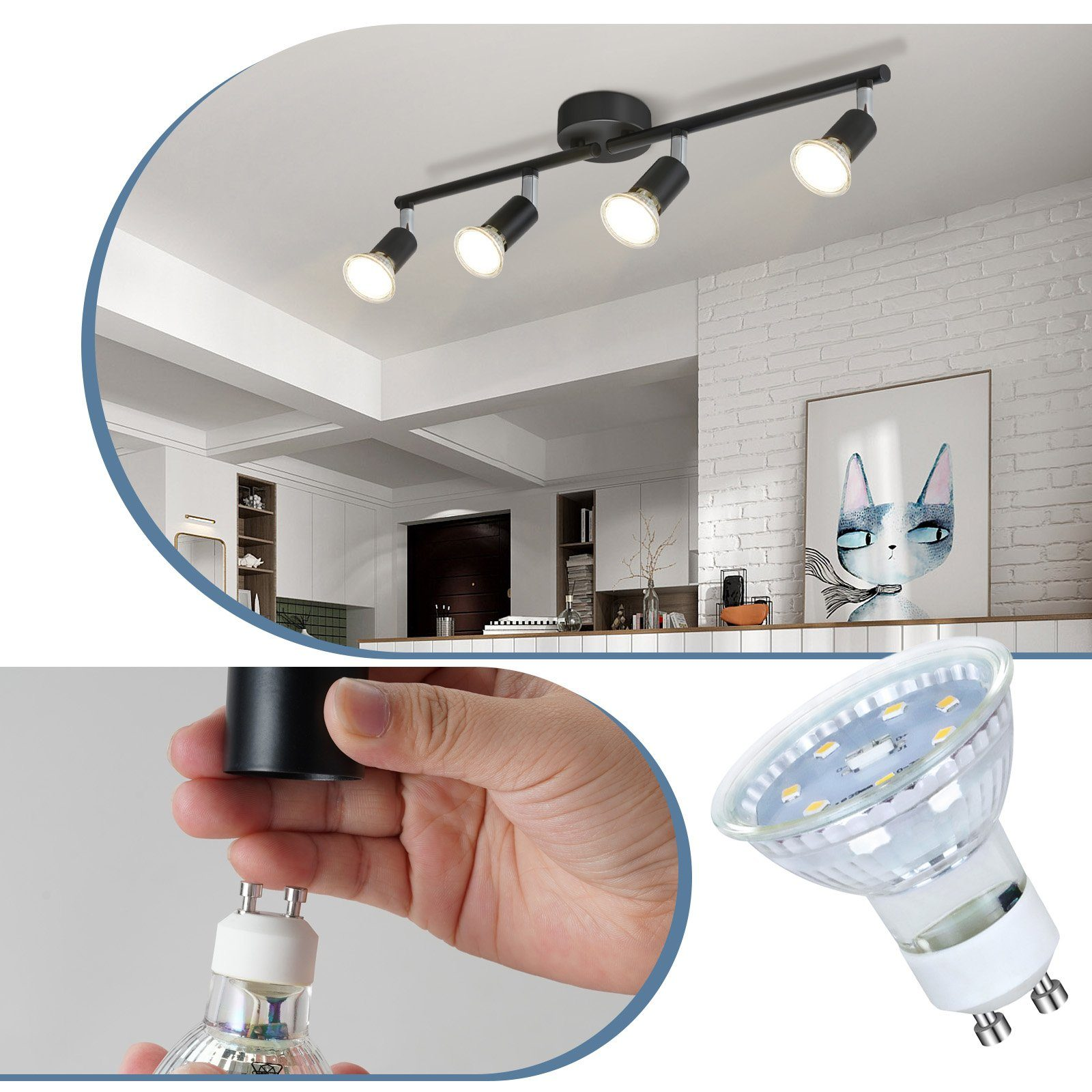 Zainstalowane lampy sufitowe, z ręką instalującą żarówkę.