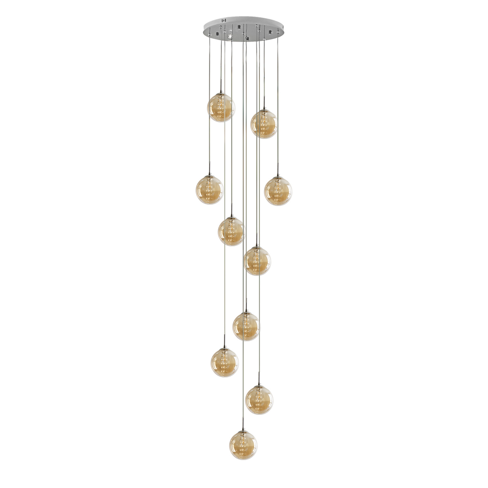 Wiszący żyrandol z dziesięcioma bursztynowymi szklanymi lampami w kształcie kuli zawieszonymi od góry.