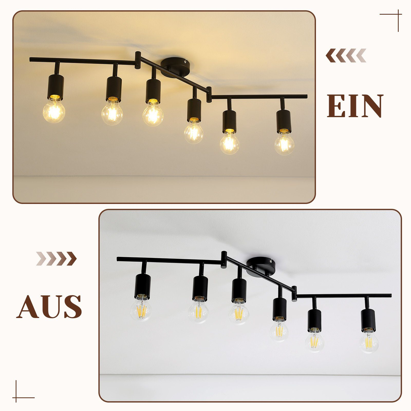 Dwa obrazy przedstawiające czarny system oświetlenia szynowego. Jeden włączony, jeden wyłączony.