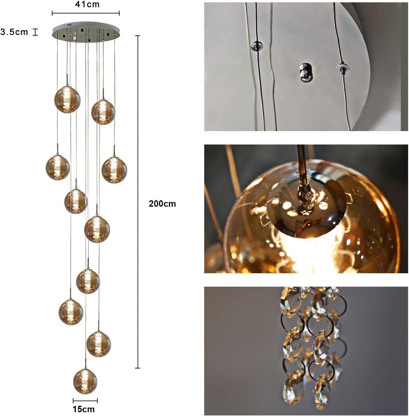 Wiszący żyrandol z wieloma szklanymi kulami. Ma długie przewody i srebrną płytę sufitową.