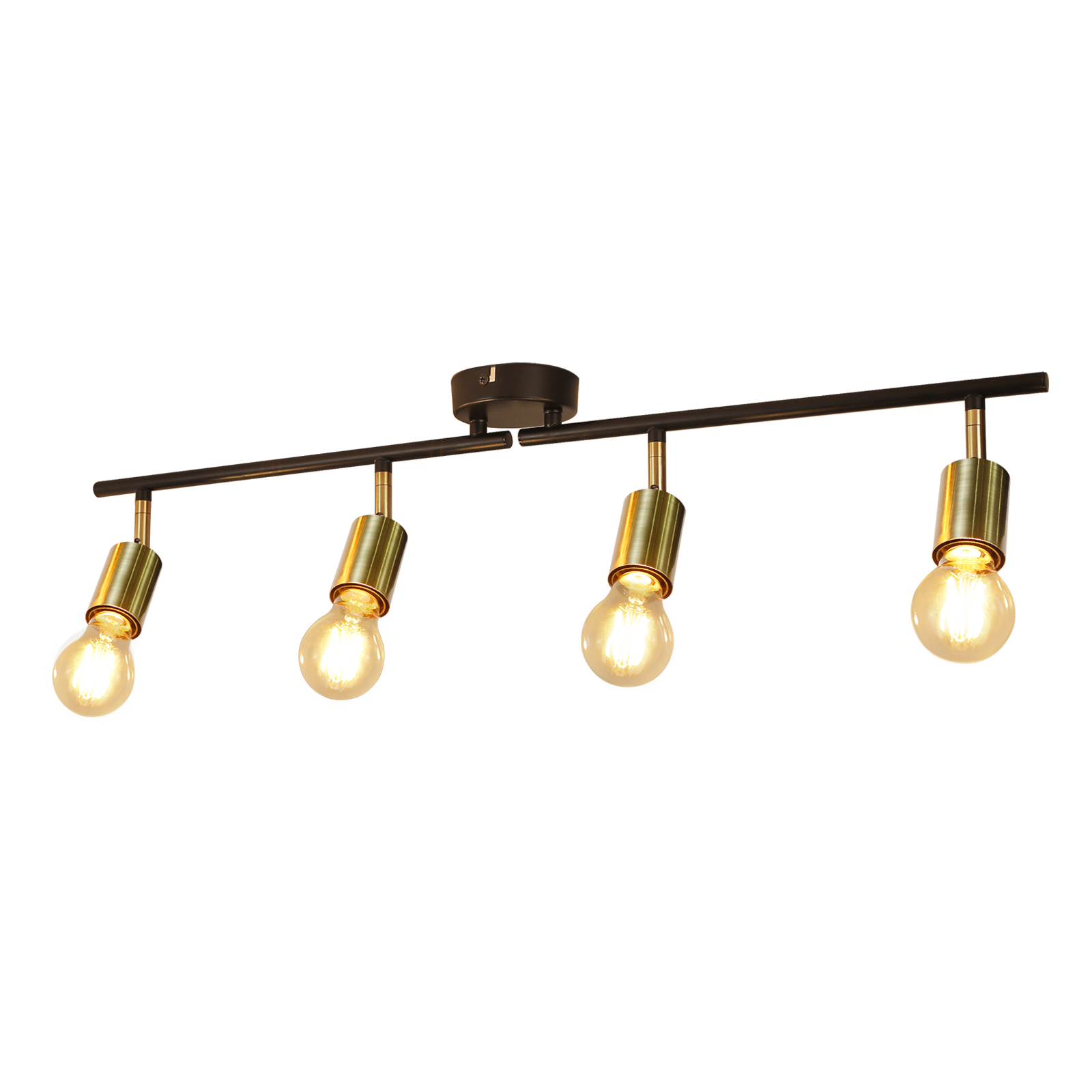 Czarny reflektor szynowy z czterema złotymi oprawami i czterema okrągłymi żarówkami.