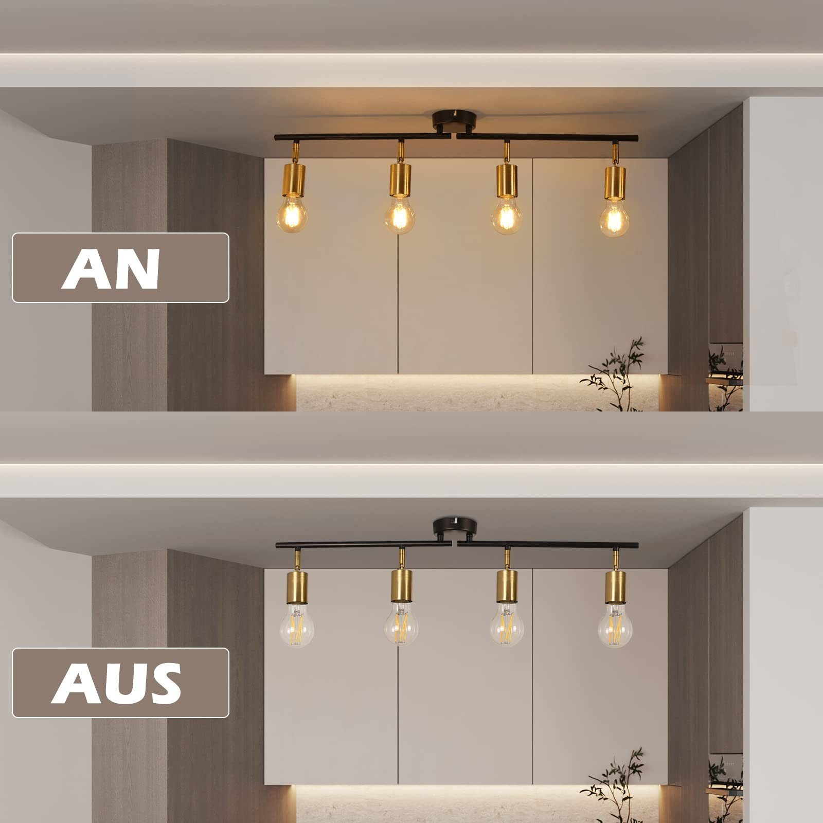 Dwa zdjęcia kuchni z włączonym i wyłączonym oświetleniem. Światła są złote, a szafki białe.