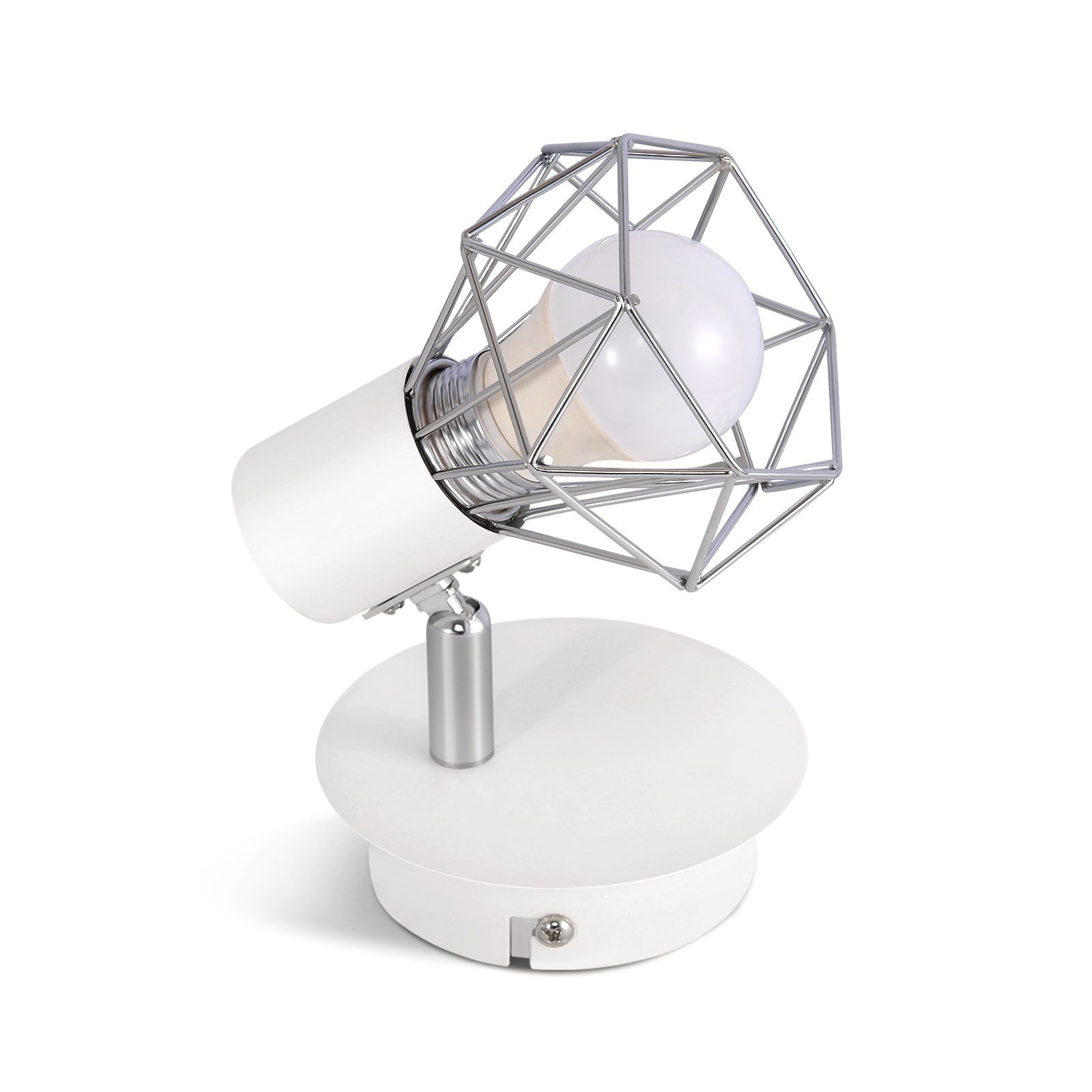 Biała i srebrna lampa biurkowa. Ma geometryczną klatkę wokół żarówki i okrągłą podstawę.