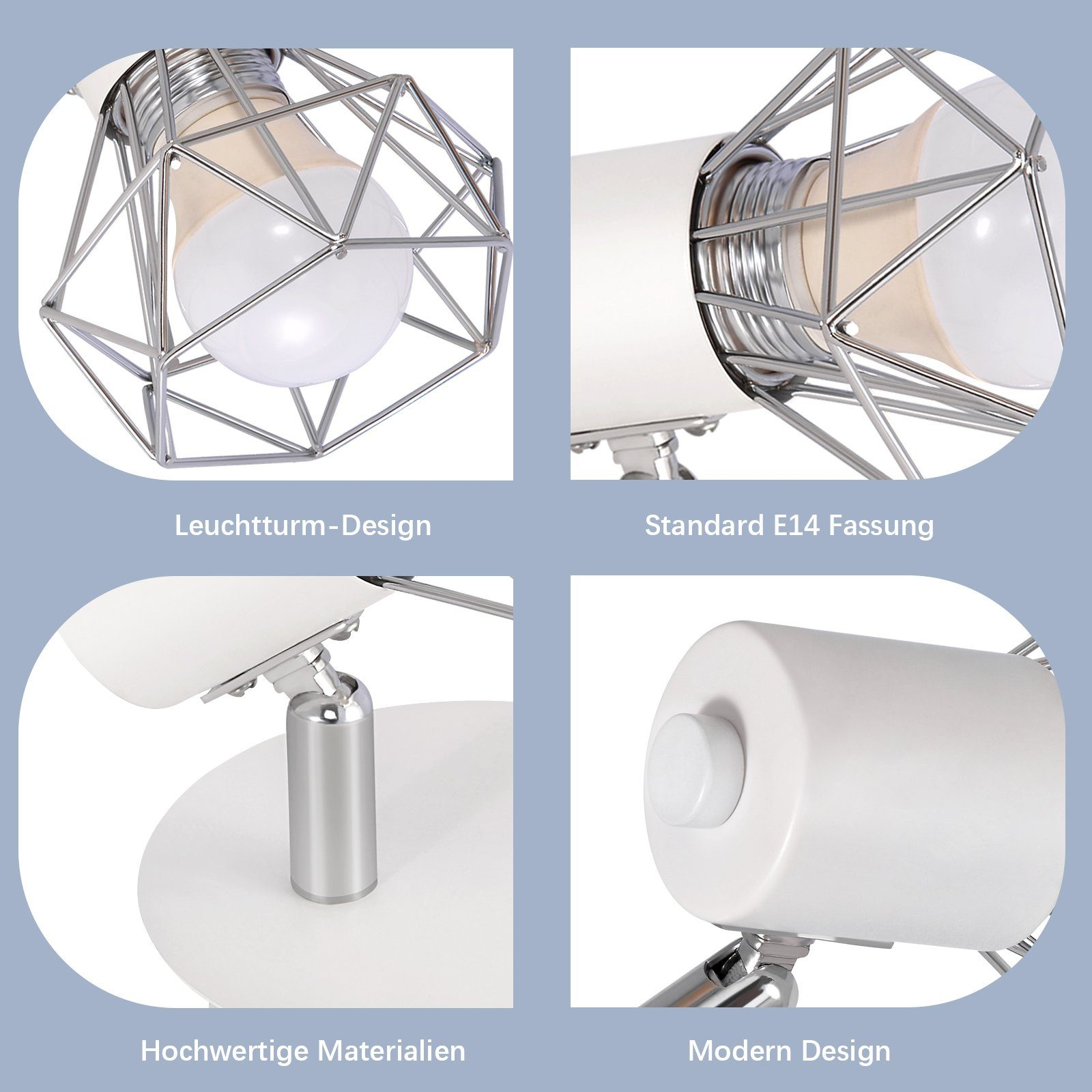 Zbliżenie na lampę z drucianą klatką i białym kloszem. Szczegóły pokazują design i materiały.