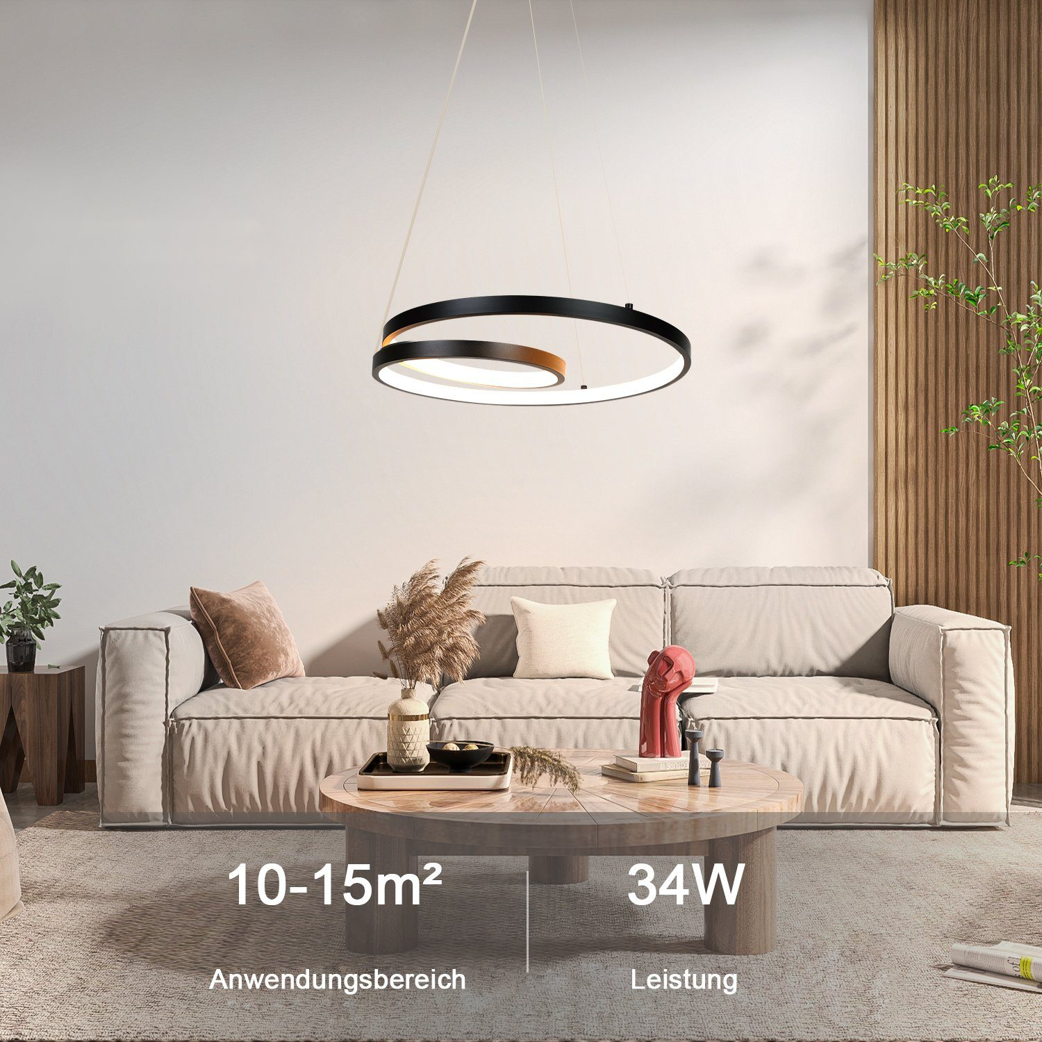 Nowoczesny salon z okrągłą lampą, sofą, stolikiem kawowym i drewnianą ścianą.