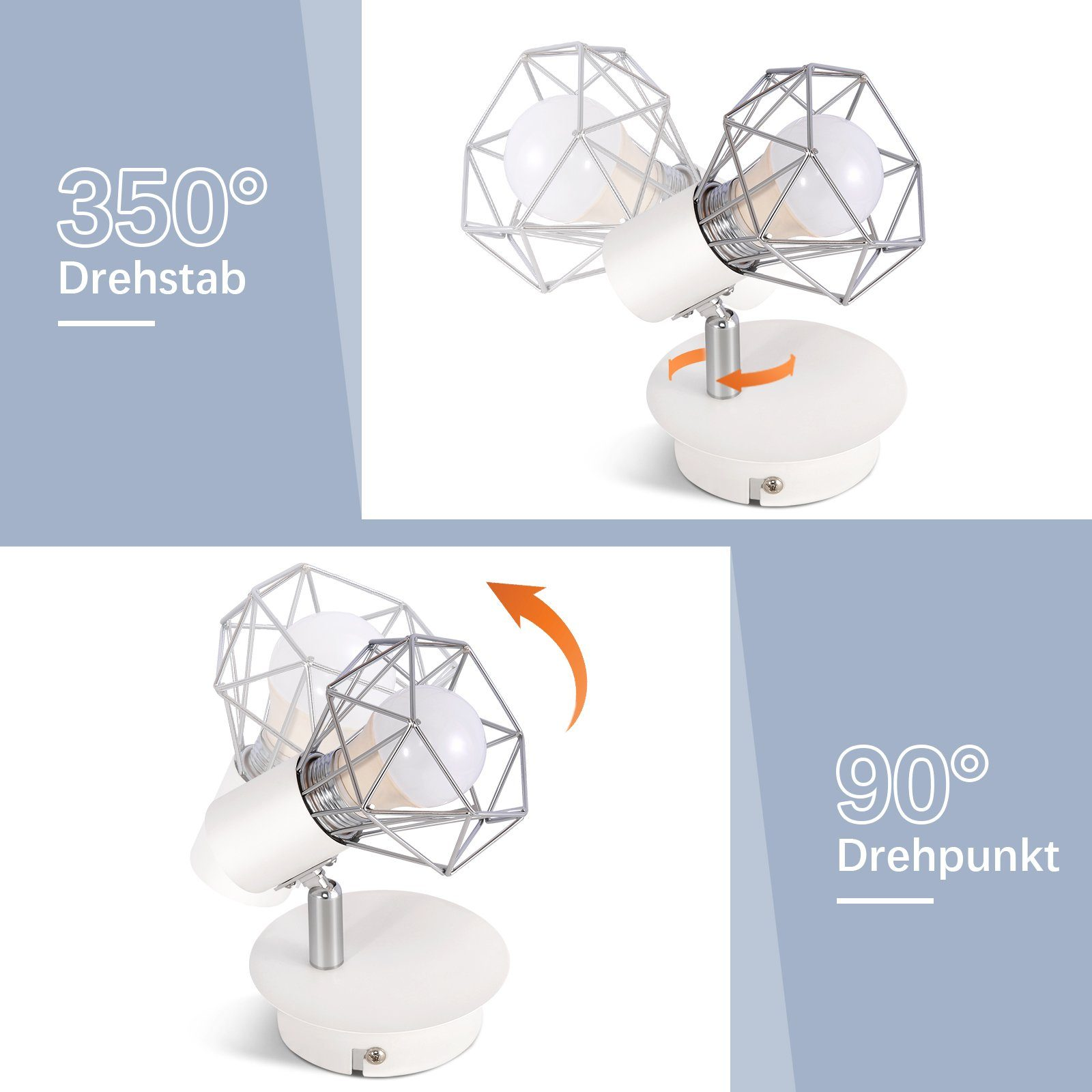 Biały regulowany reflektor z klatką wokół żarówki. Może obracać się o 350 i 90 stopni.