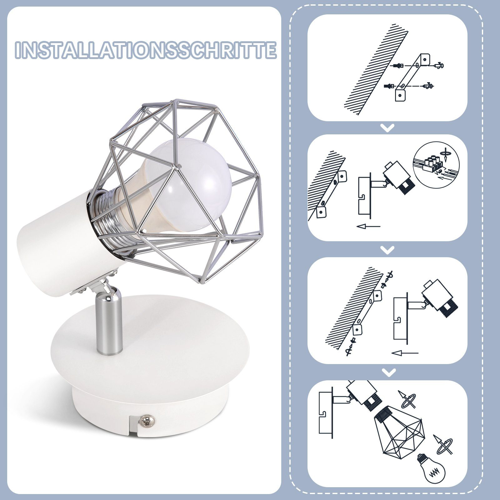 Biała lampa ze srebrną klatką, pokazano etapy instalacji. Lampa stoi na białej podstawie.
