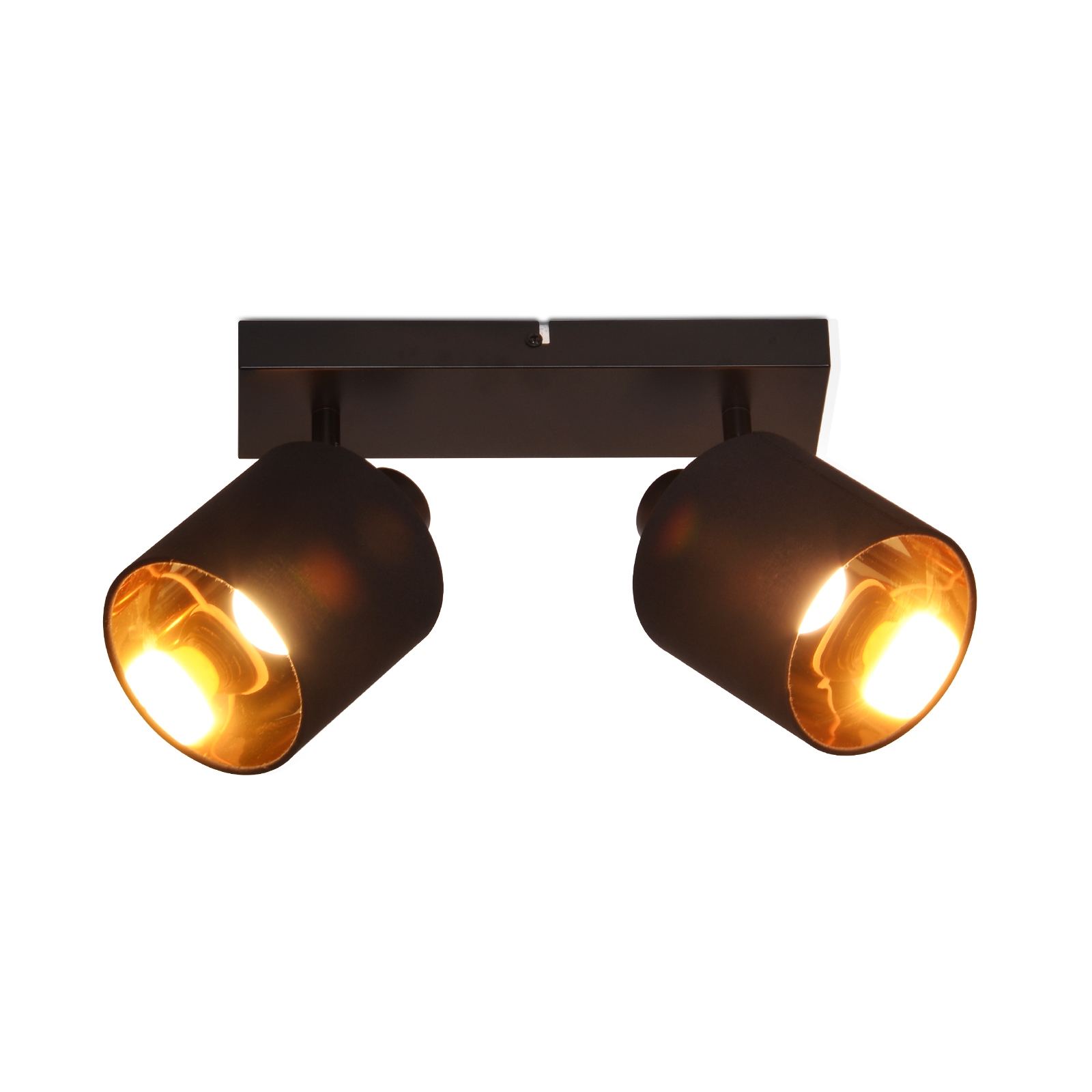 Czarny reflektor z dwoma regulowanymi głowicami. Złoty kolor wewnątrz. Białe tło.