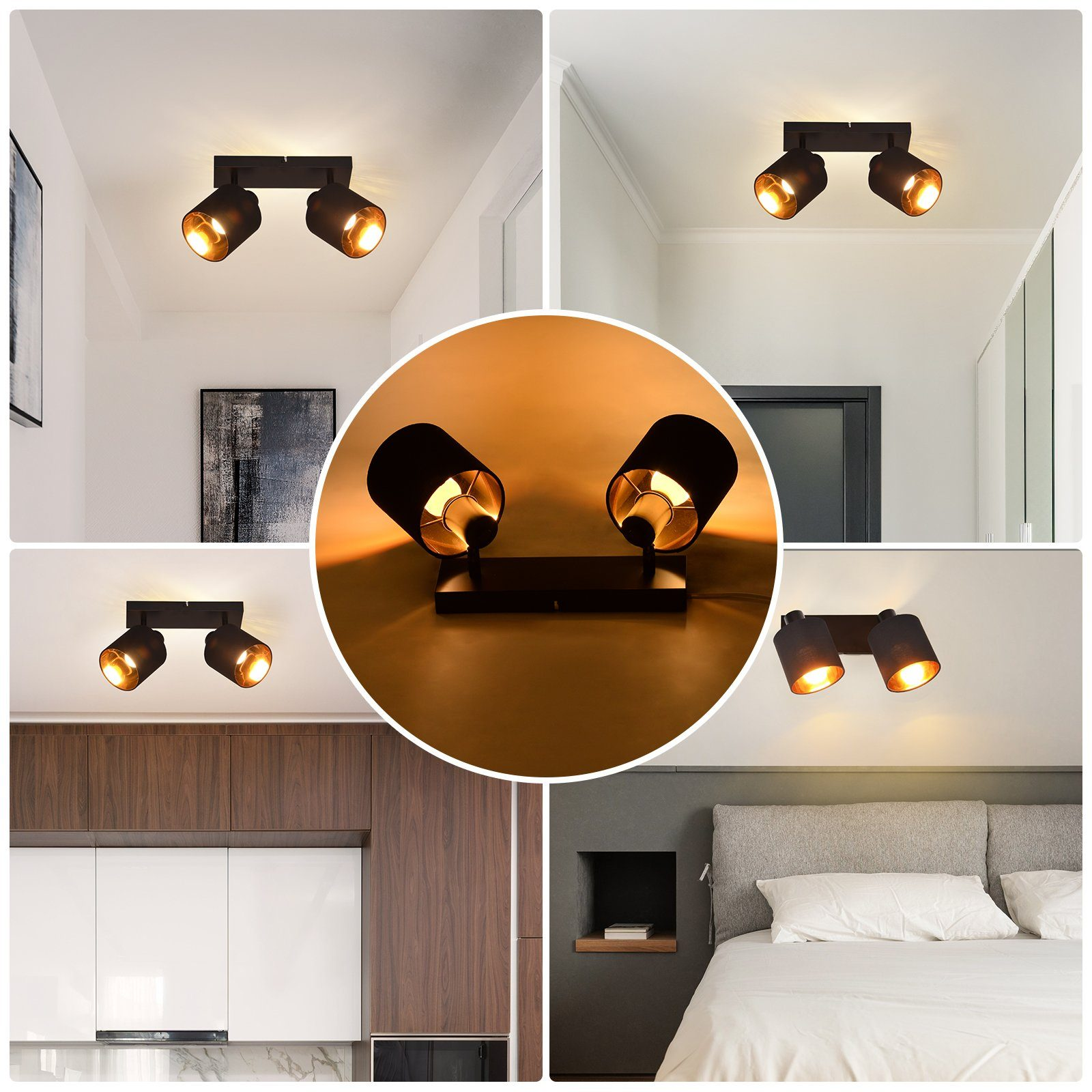 Kolaż zdjęć przedstawiających nowoczesne czarne reflektory w różnych ustawieniach pomieszczeń.