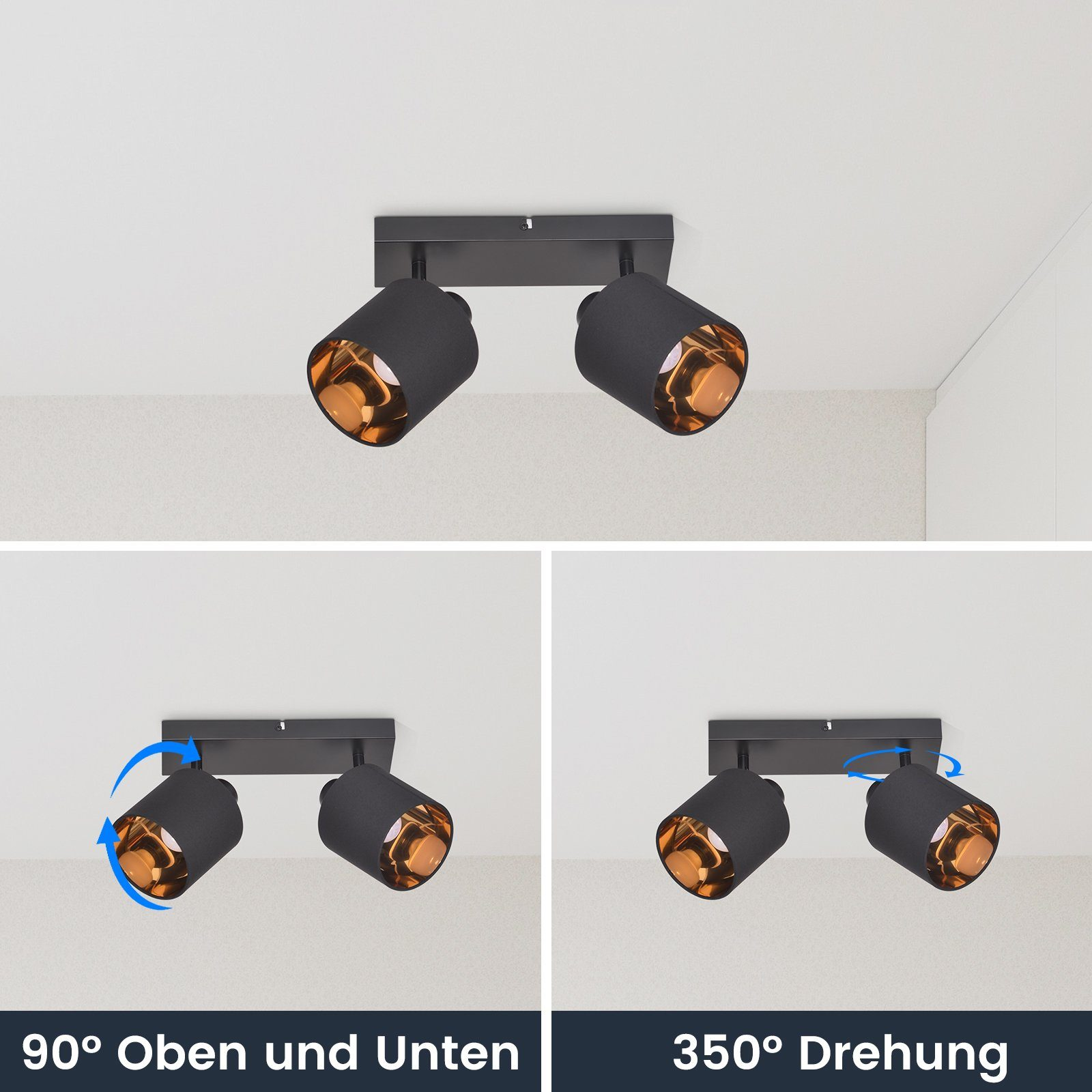 Czarne reflektory sufitowe z regulowanymi głowicami. Dwa reflektory pokazano w różnych pozycjach.