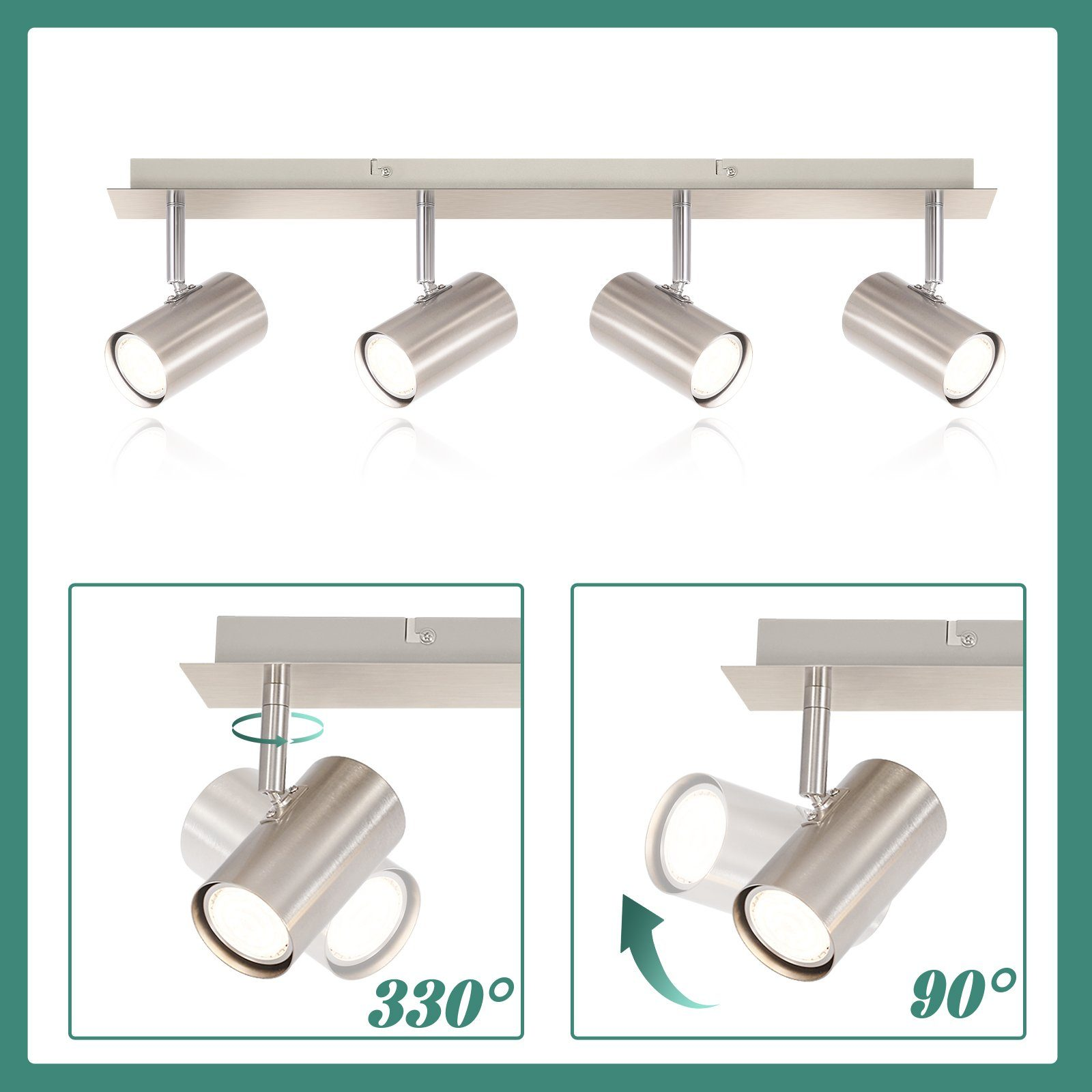 Cztery regulowane reflektory na srebrnym drążku. Schematy pokazują ruch 90° i 330°.