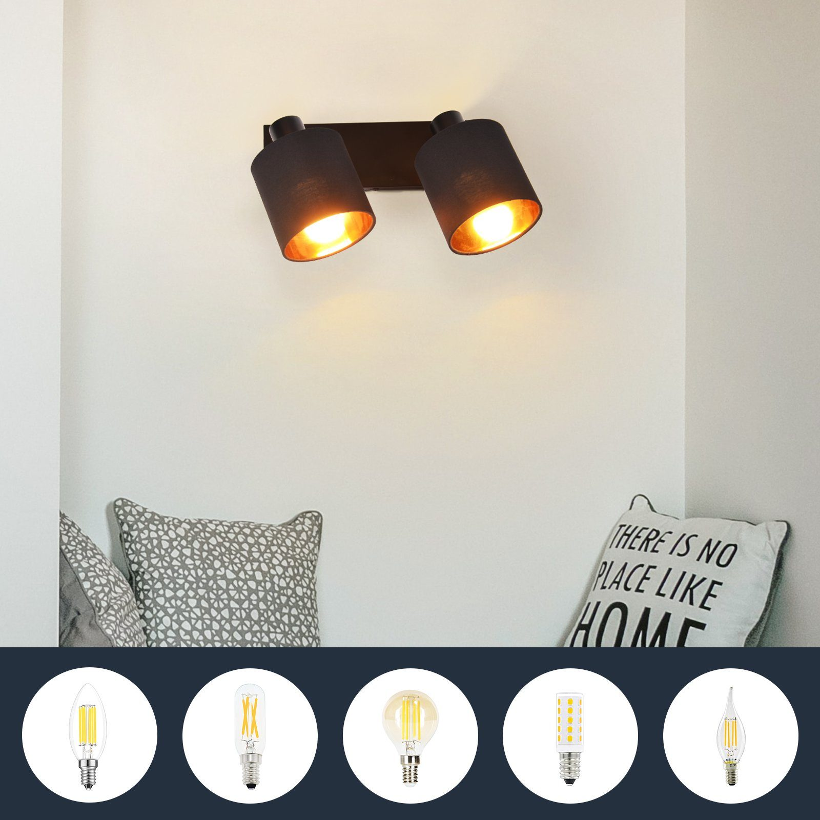 Czarne reflektory ze złotymi wnętrzami na ścianie. Poniżej zdjęcia różnych żarówek.