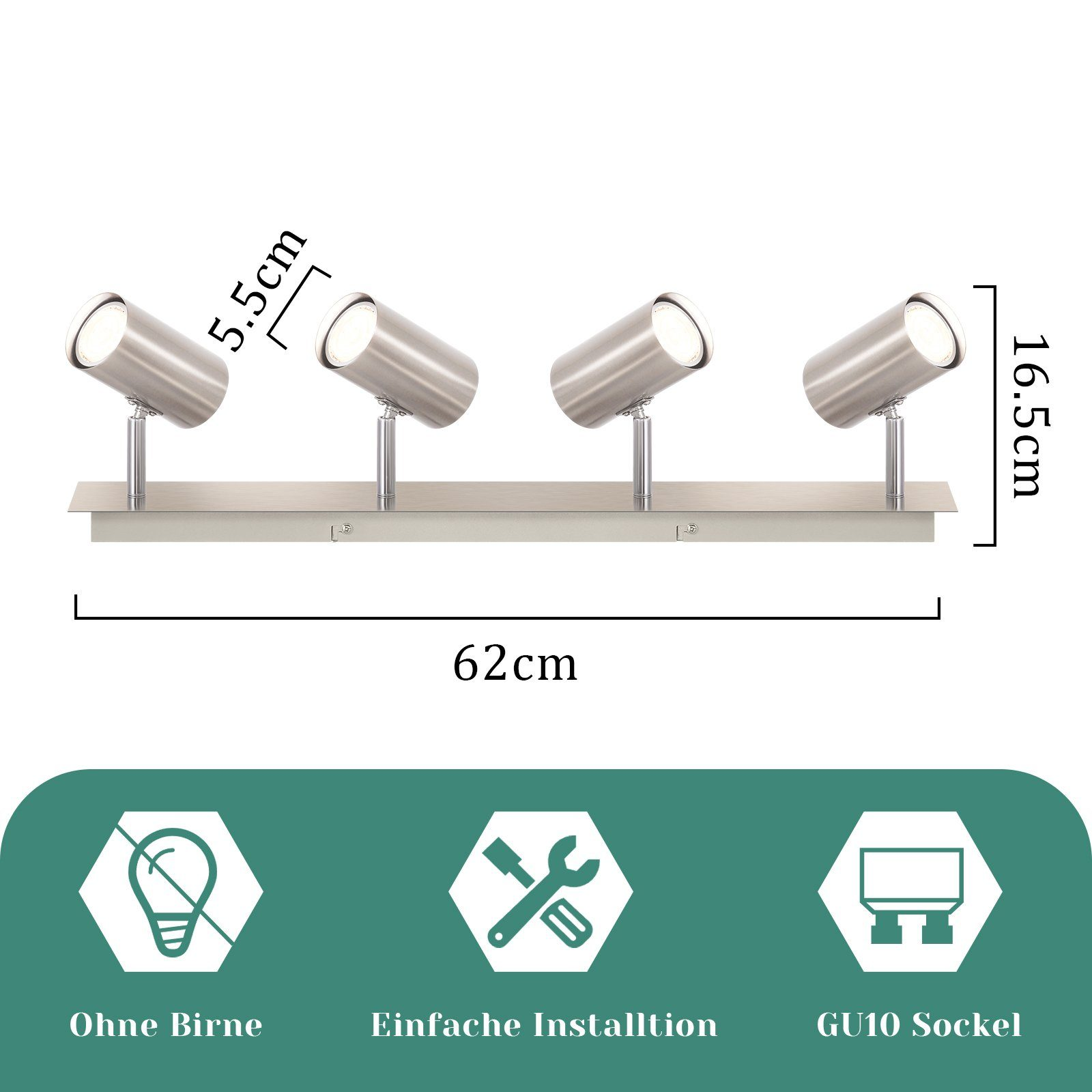 Srebrna oprawa oświetleniowa szynowa z czterema reflektorami, z wymiarami oznaczonymi w cm.