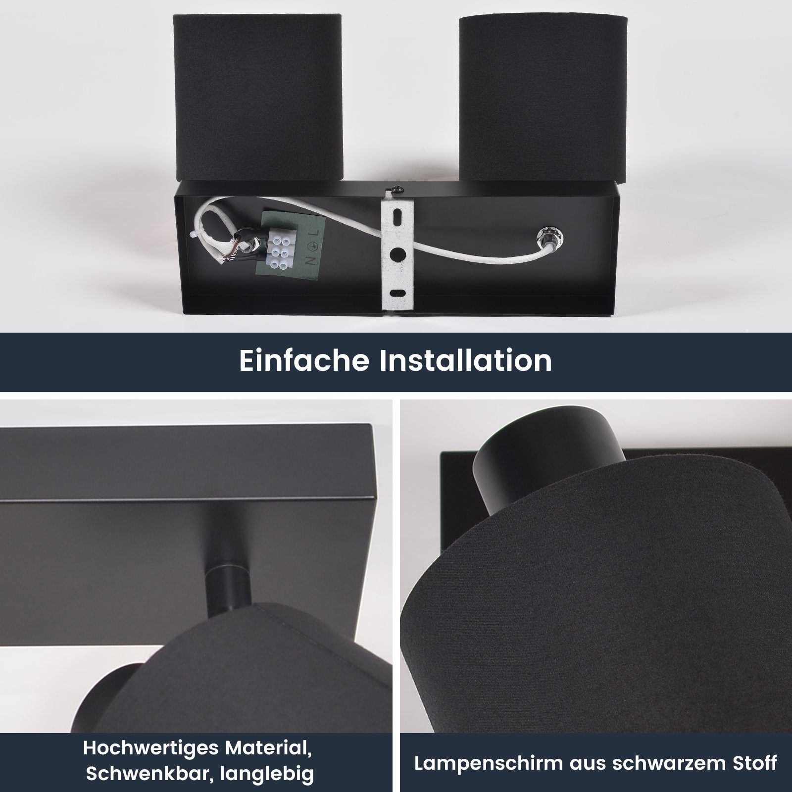 Czarne, kwadratowe lampy ścienne z czarnymi abażurami. Widok z rozłożeniem pokazuje okablowanie. Zbliżenie materiału i klosza.