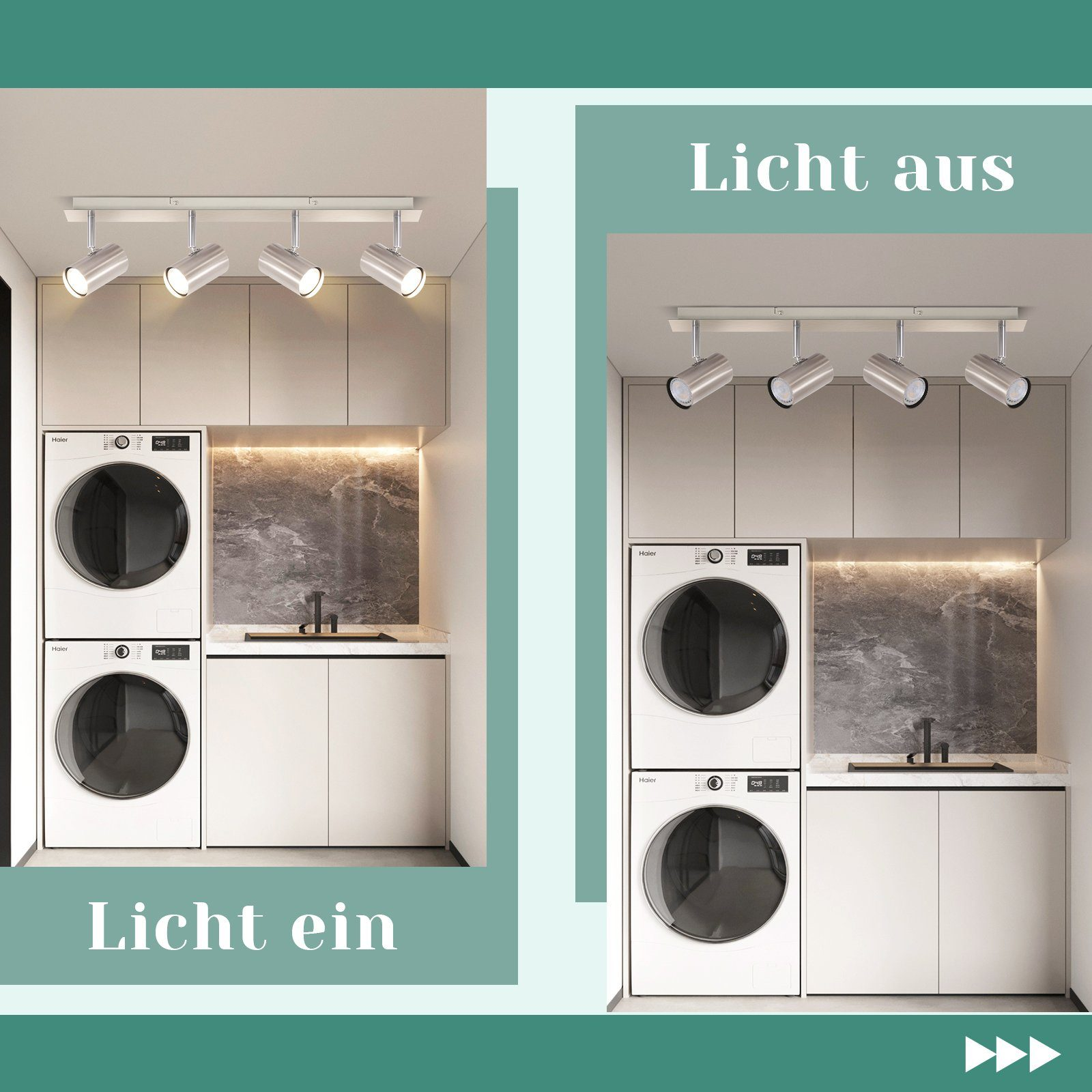 Światła w pralni włączone i wyłączone. Reflektory nad pralką i suszarką. Marmurowa osłona i białe szafki.