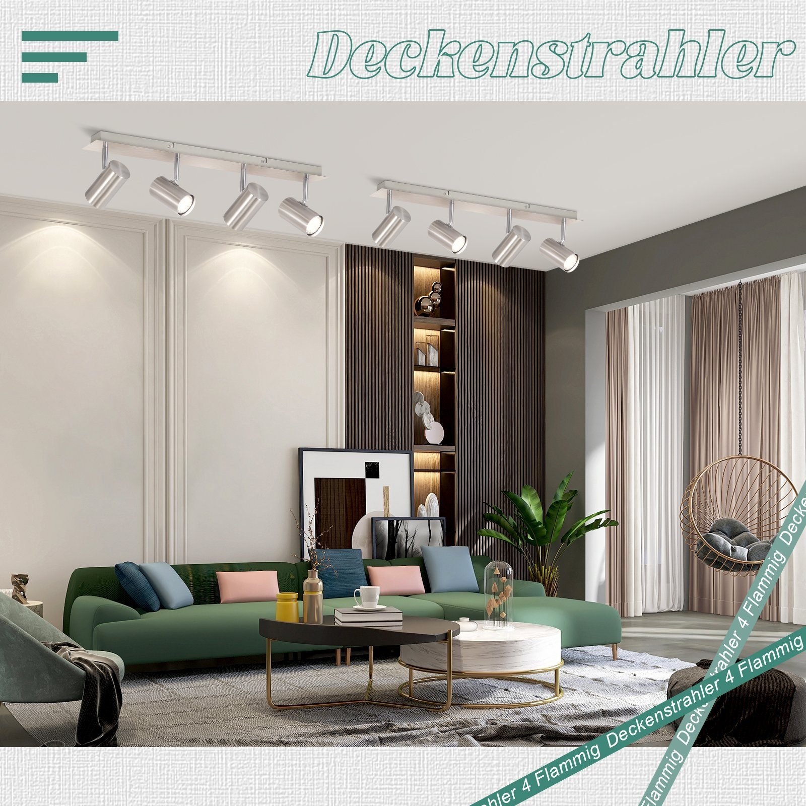 Zwei Deckenstrahler in einem Wohnzimmer. Grüne Couch, schwarzer Couchtisch und eine Pflanze sind sichtbar.
