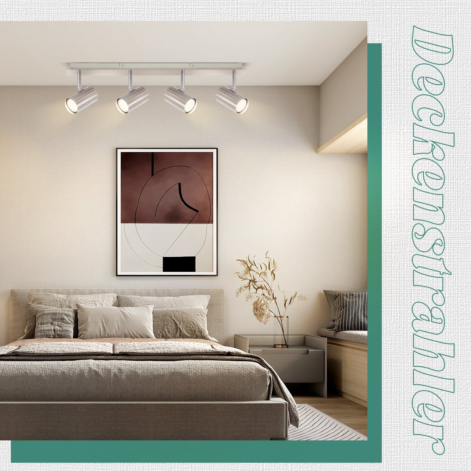 Sypialnia z łóżkiem, obrazem, szafką nocną i lampą sufitową z trzema reflektorami.