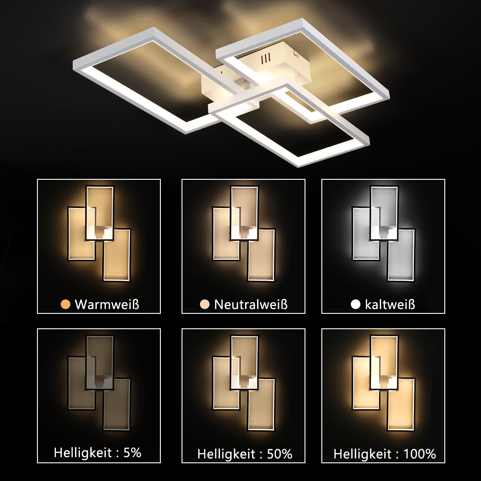Oprawa oświetleniowa pokazująca różne ustawienia światła: ciepła biel, neutralna biel i zimna biel.
