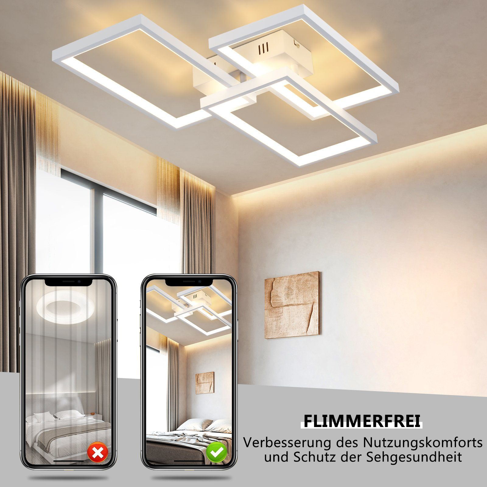 Lampy sufitowe z kwadratowymi ramami. Telefon wyświetla porównanie świateł, z tekstem o braku migotania i zdrowiu.