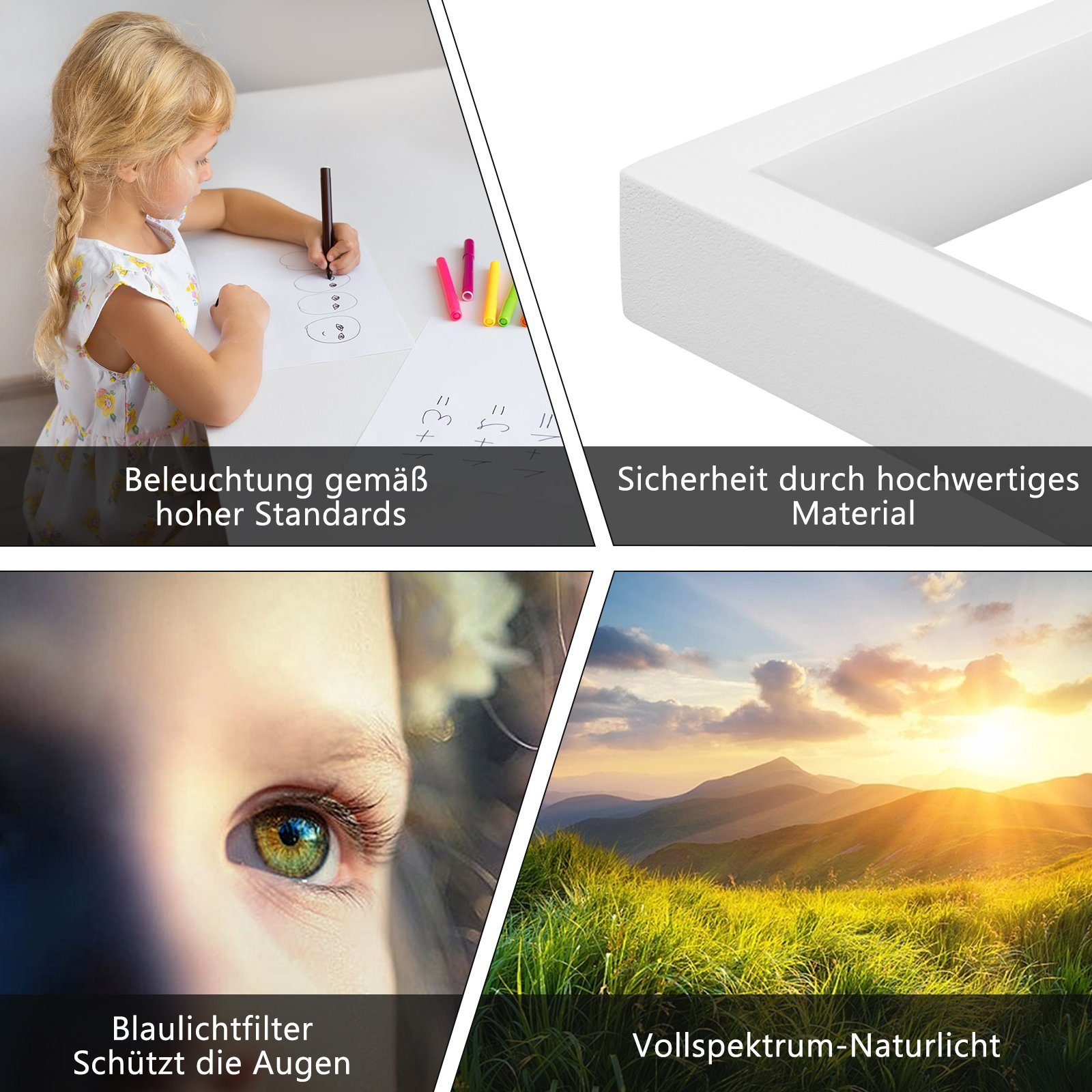 Kolor z obrazami: dziecko rysuje, biała ramka, zbliżenie oka, krajobraz.