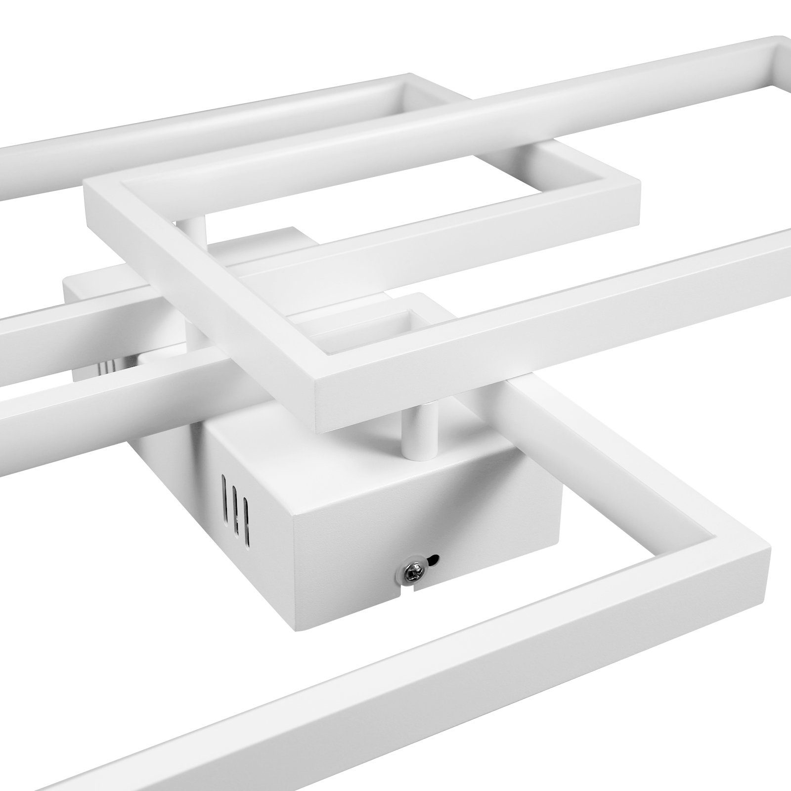 Moderna lámpara de techo blanca. Tiene forma rectangular con base blanca y marco de metal blanco.